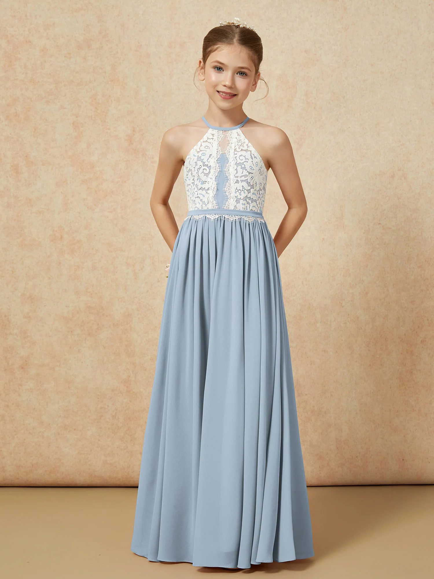 Lace Top Sleeveless Pleated Long Junior Bridesmaid Dress Dusty Blue - Image 5