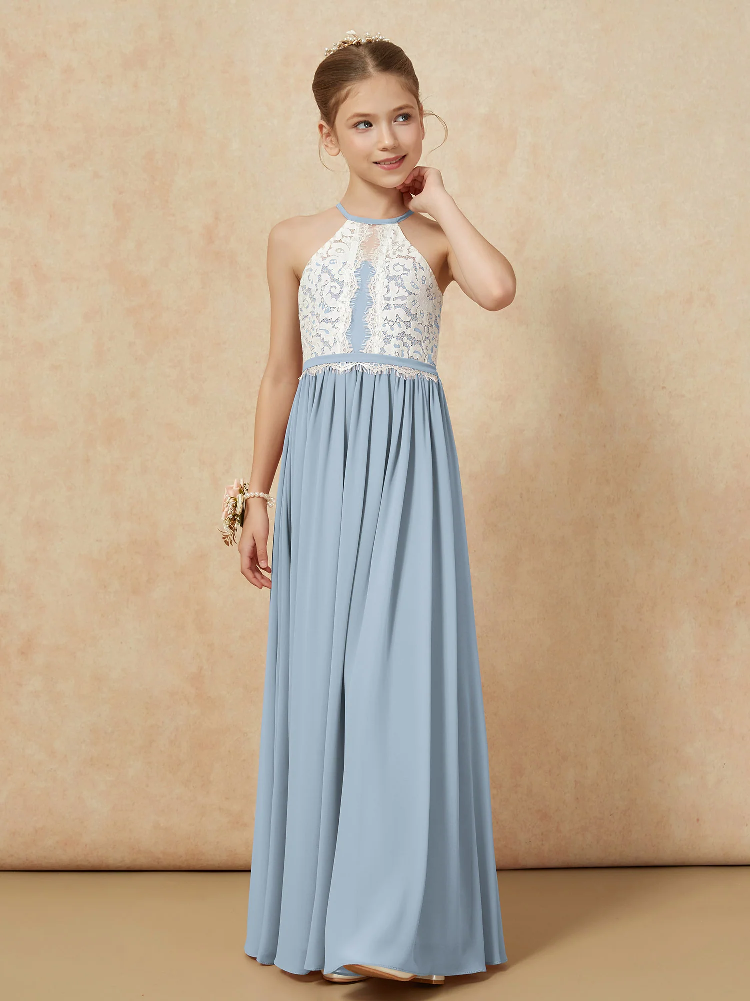 Lace Top Sleeveless Pleated Long Junior Bridesmaid Dress Dusty Blue - Image 6