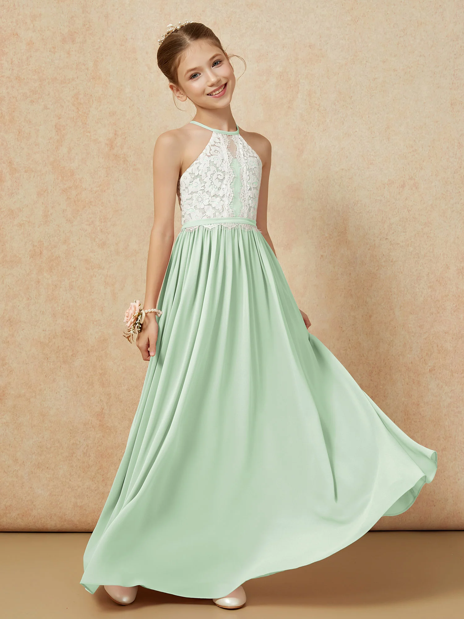 Lace Top Sleeveless Pleated Long Junior Bridesmaid Dress Dusty Sage - Image 3