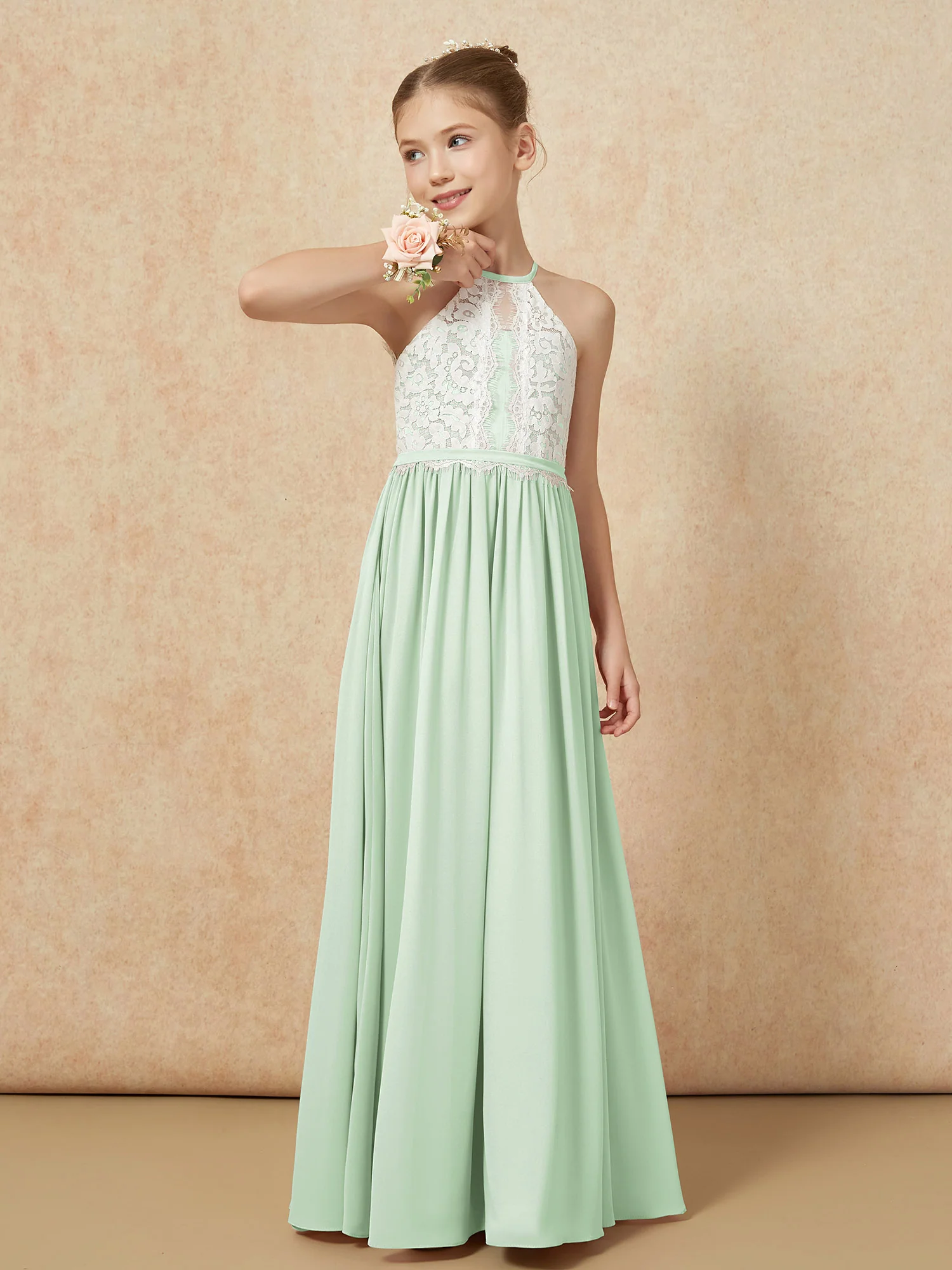 Lace Top Sleeveless Pleated Long Junior Bridesmaid Dress Dusty Sage - Image 4