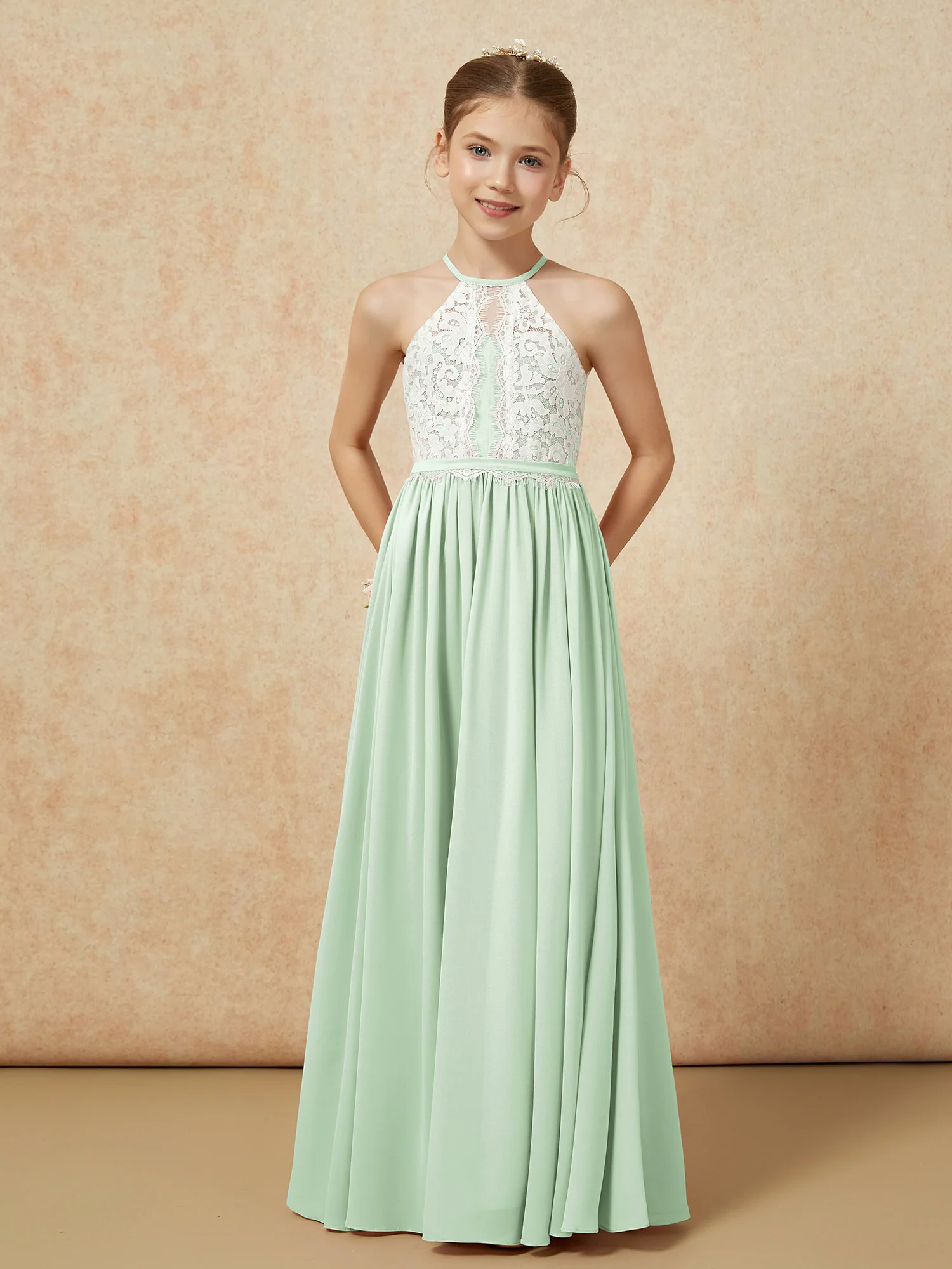 Lace Top Sleeveless Pleated Long Junior Bridesmaid Dress Dusty Sage - Image 5