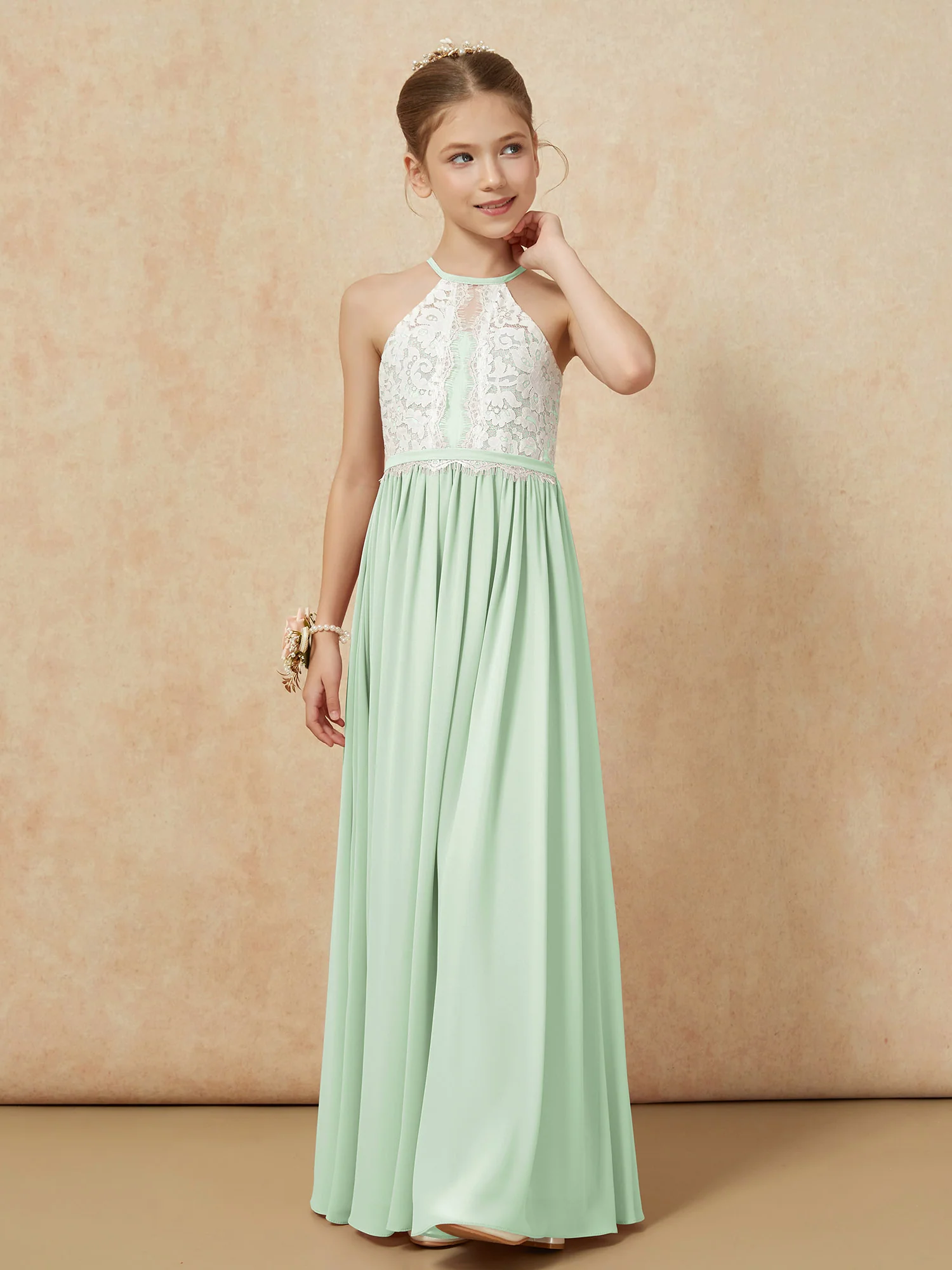 Lace Top Sleeveless Pleated Long Junior Bridesmaid Dress Dusty Sage - Image 6