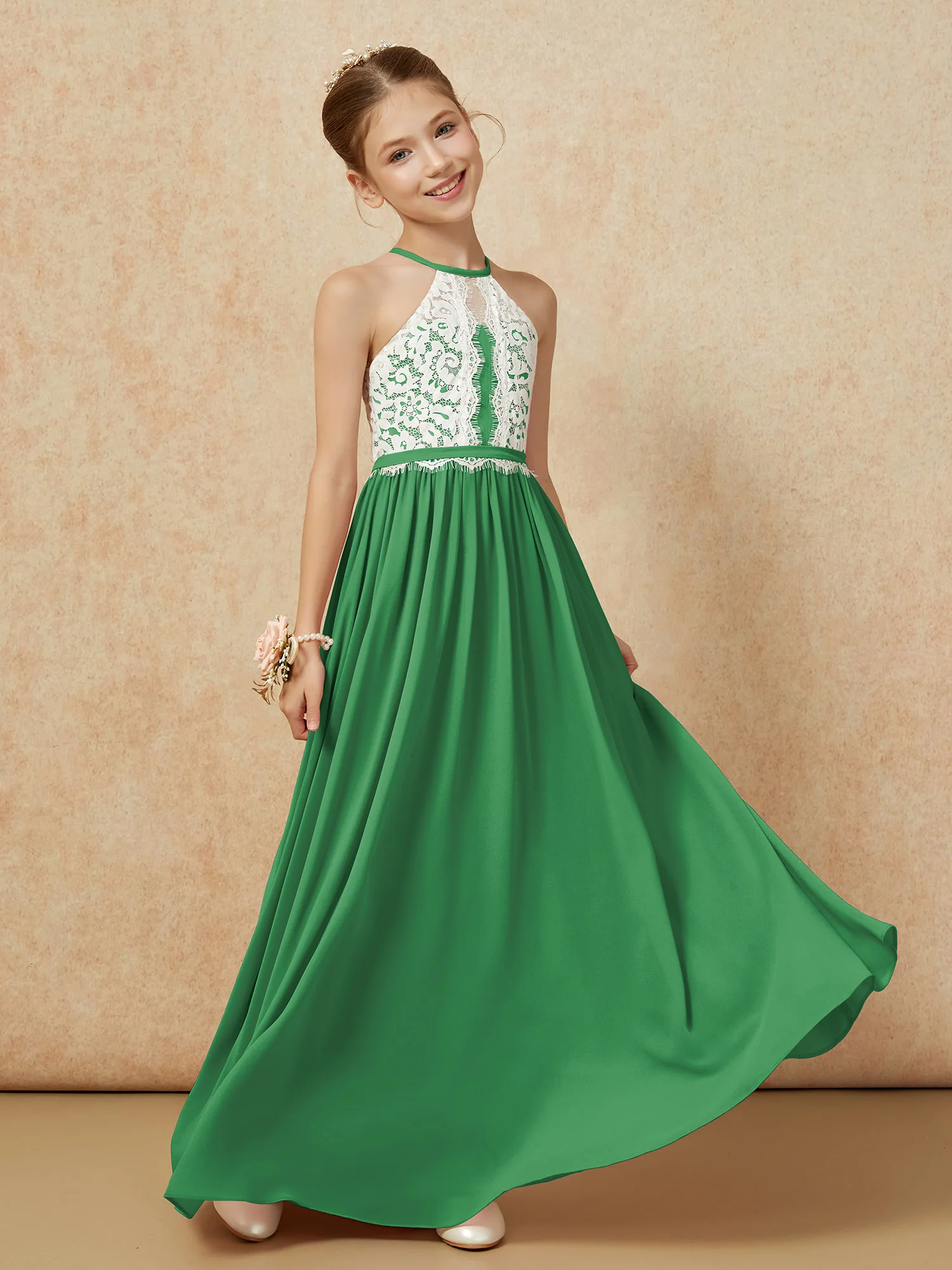 Lace Top Sleeveless Pleated Long Junior Bridesmaid Dress Emerald - Image 3