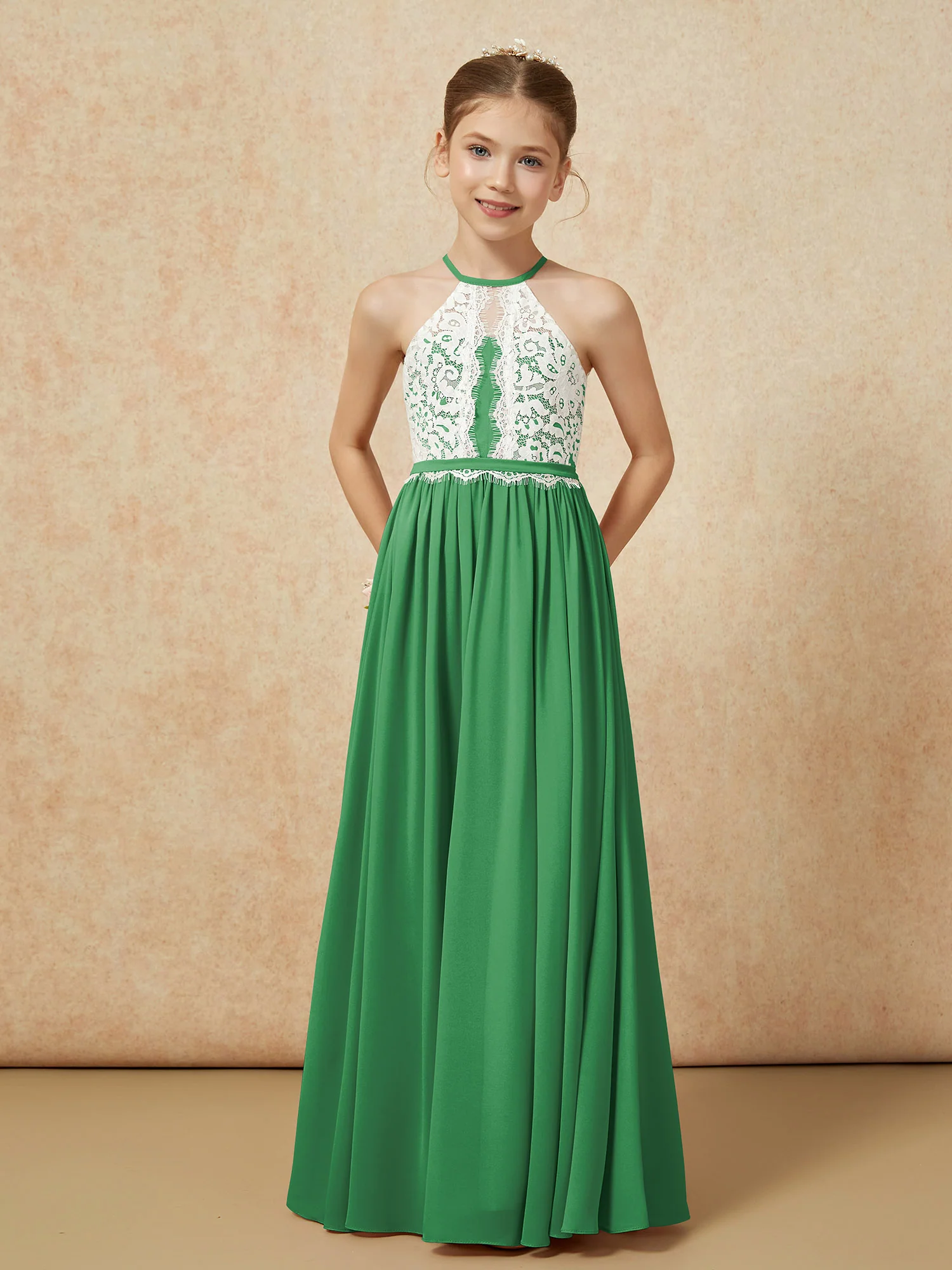Lace Top Sleeveless Pleated Long Junior Bridesmaid Dress Emerald - Image 5