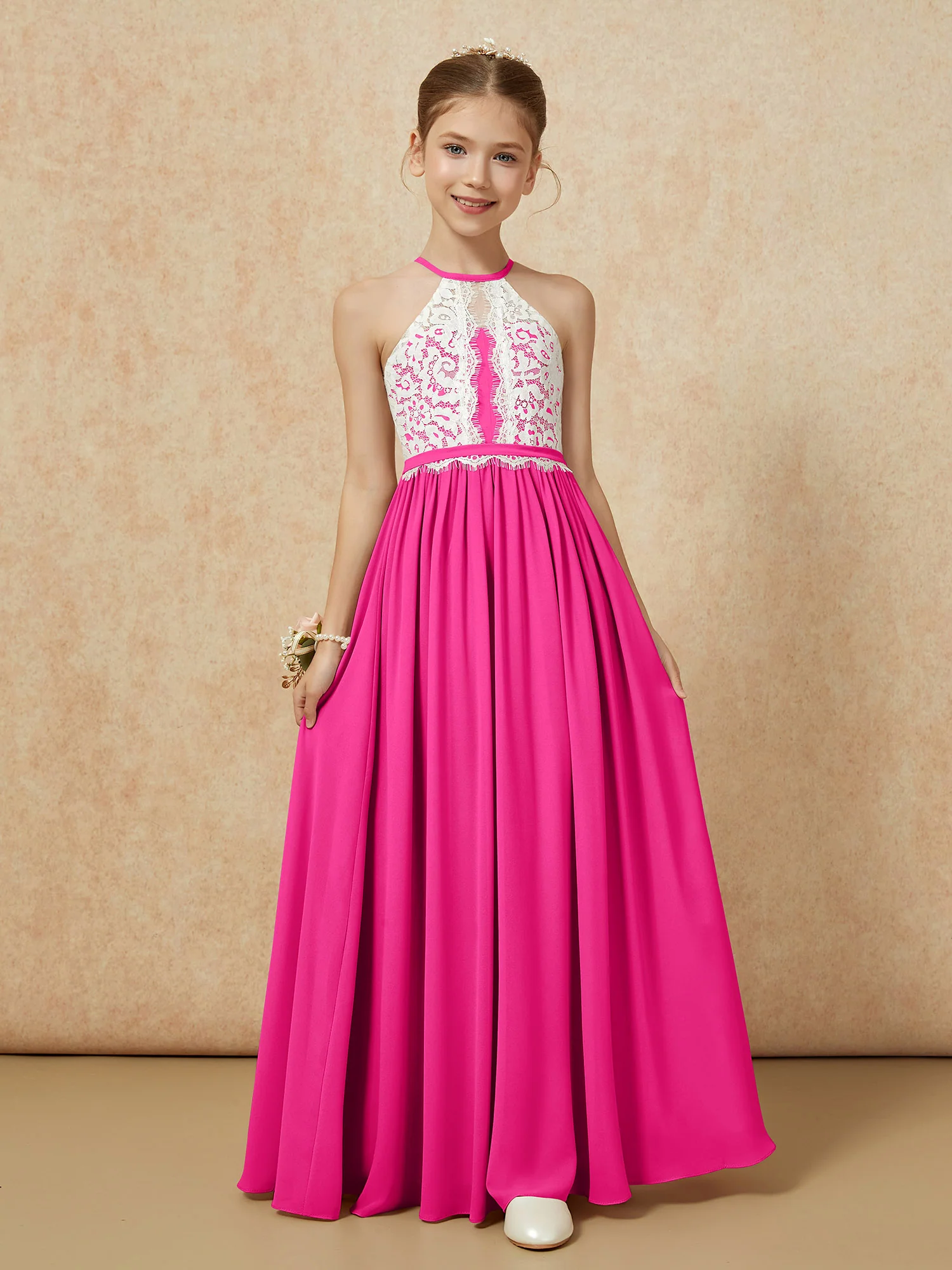 Lace Top Sleeveless Pleated Long Junior Bridesmaid Dress Fuchsia