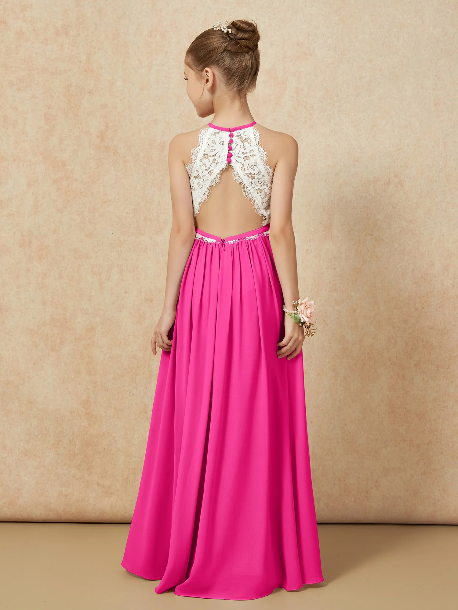 Lace Top Sleeveless Pleated Long Junior Bridesmaid Dress Fuchsia - Image 2