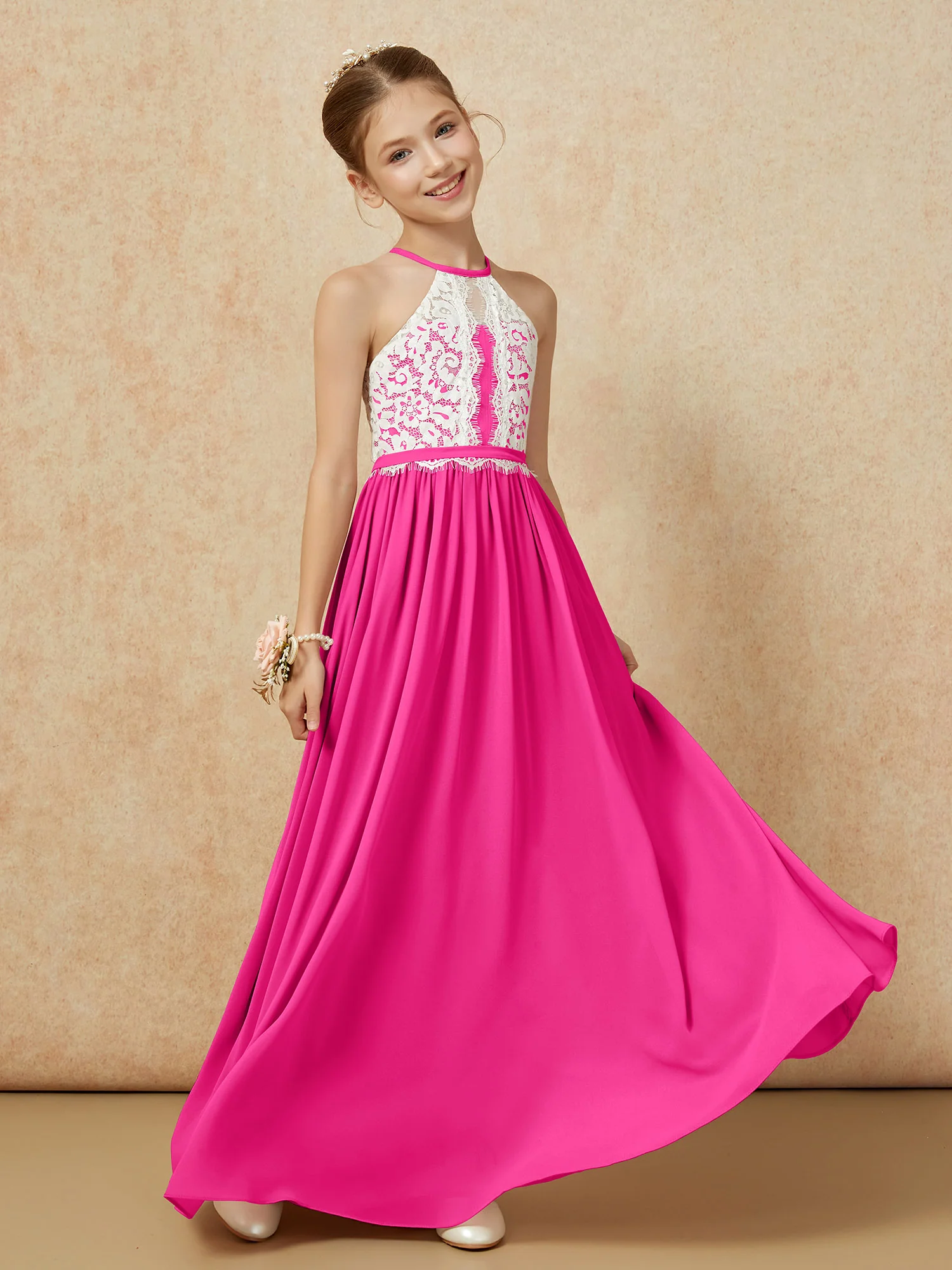 Lace Top Sleeveless Pleated Long Junior Bridesmaid Dress Fuchsia - Image 3