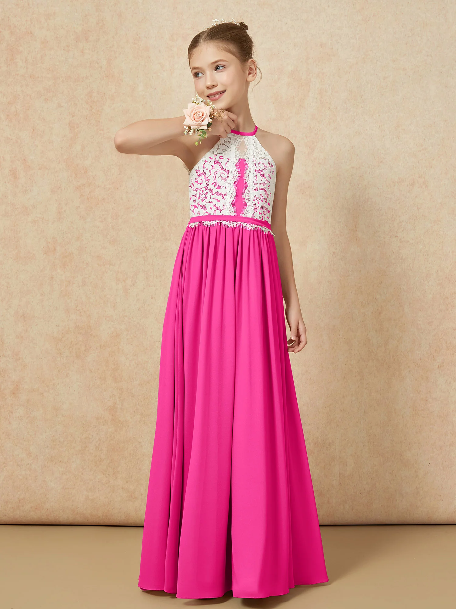 Lace Top Sleeveless Pleated Long Junior Bridesmaid Dress Fuchsia - Image 4