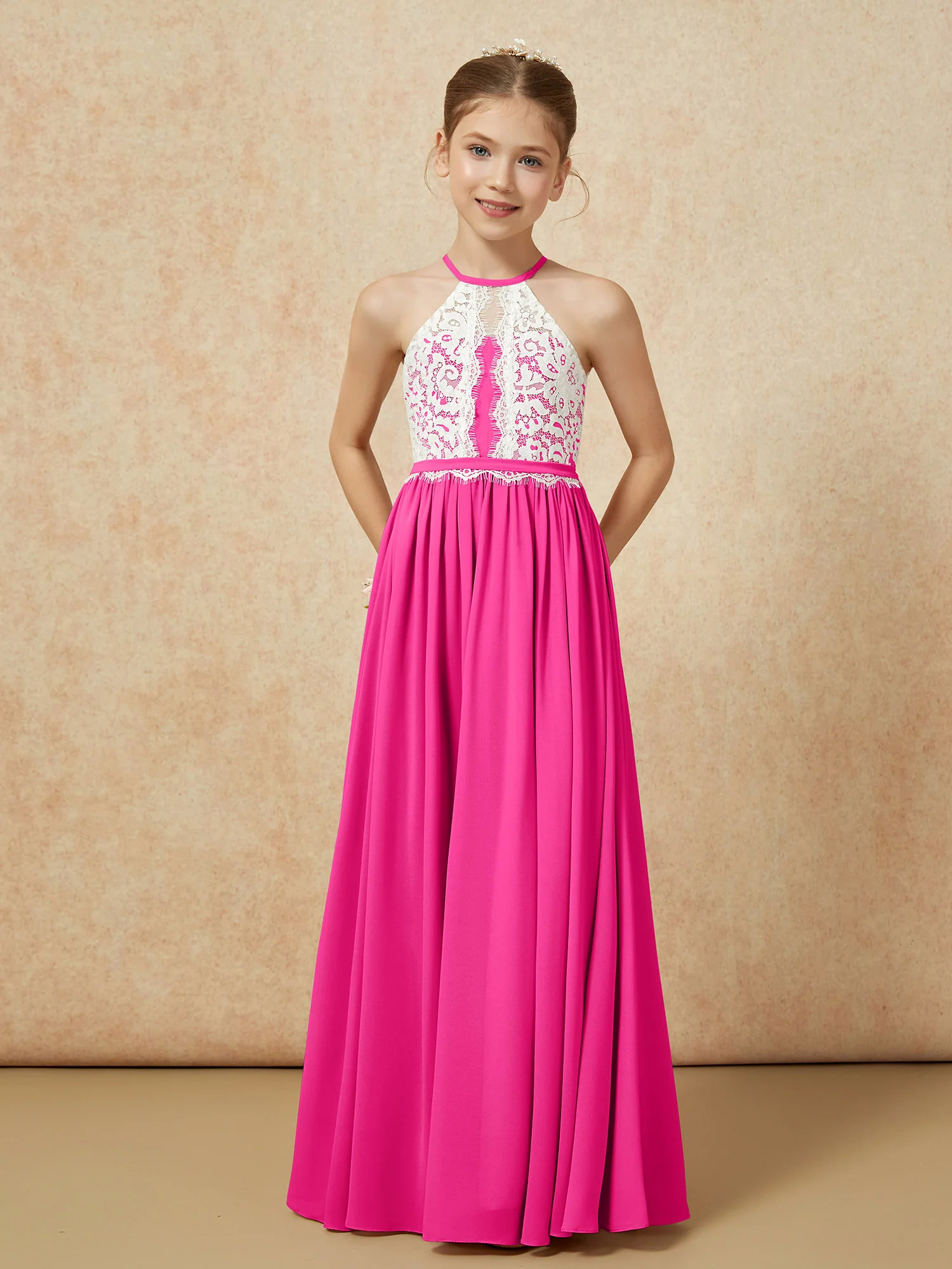 Lace Top Sleeveless Pleated Long Junior Bridesmaid Dress Fuchsia - Image 5