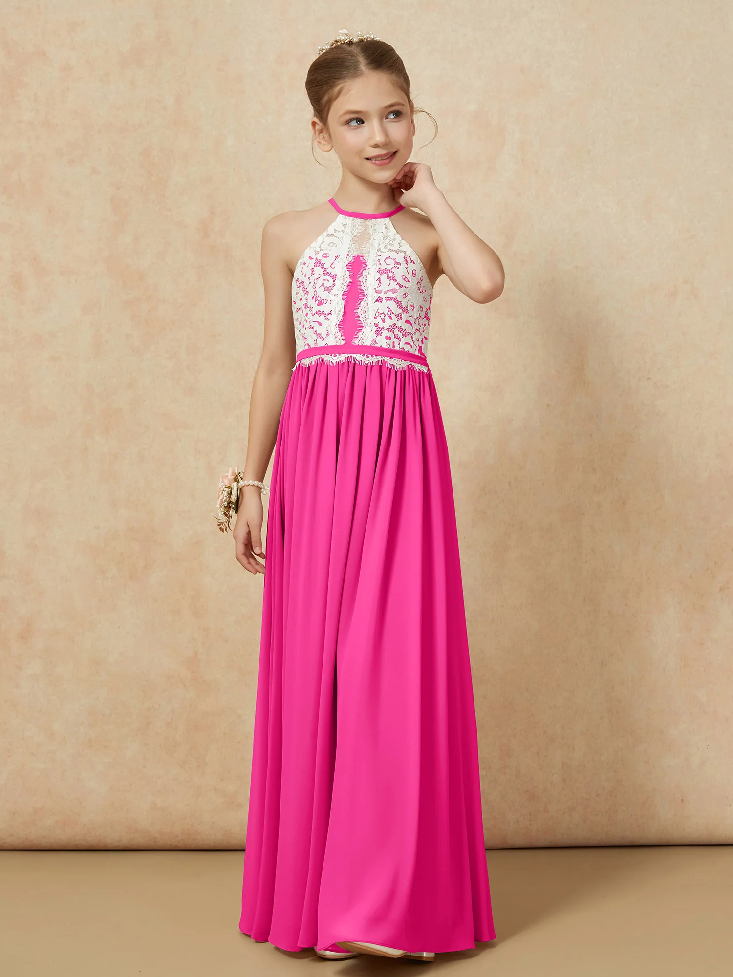 Lace Top Sleeveless Pleated Long Junior Bridesmaid Dress Fuchsia - Image 6