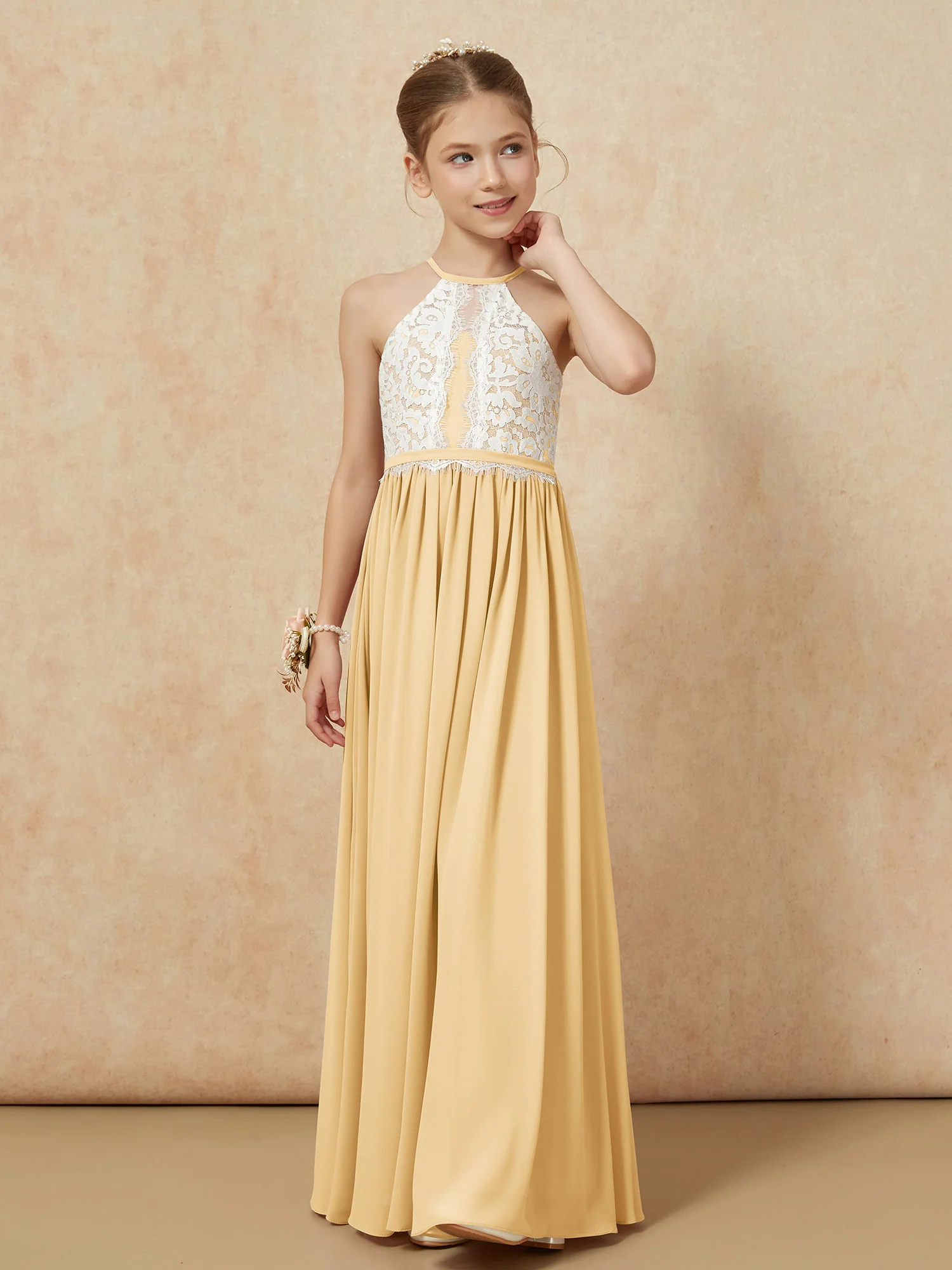 Lace Top Sleeveless Pleated Long Junior Bridesmaid Dress Gold - Image 6