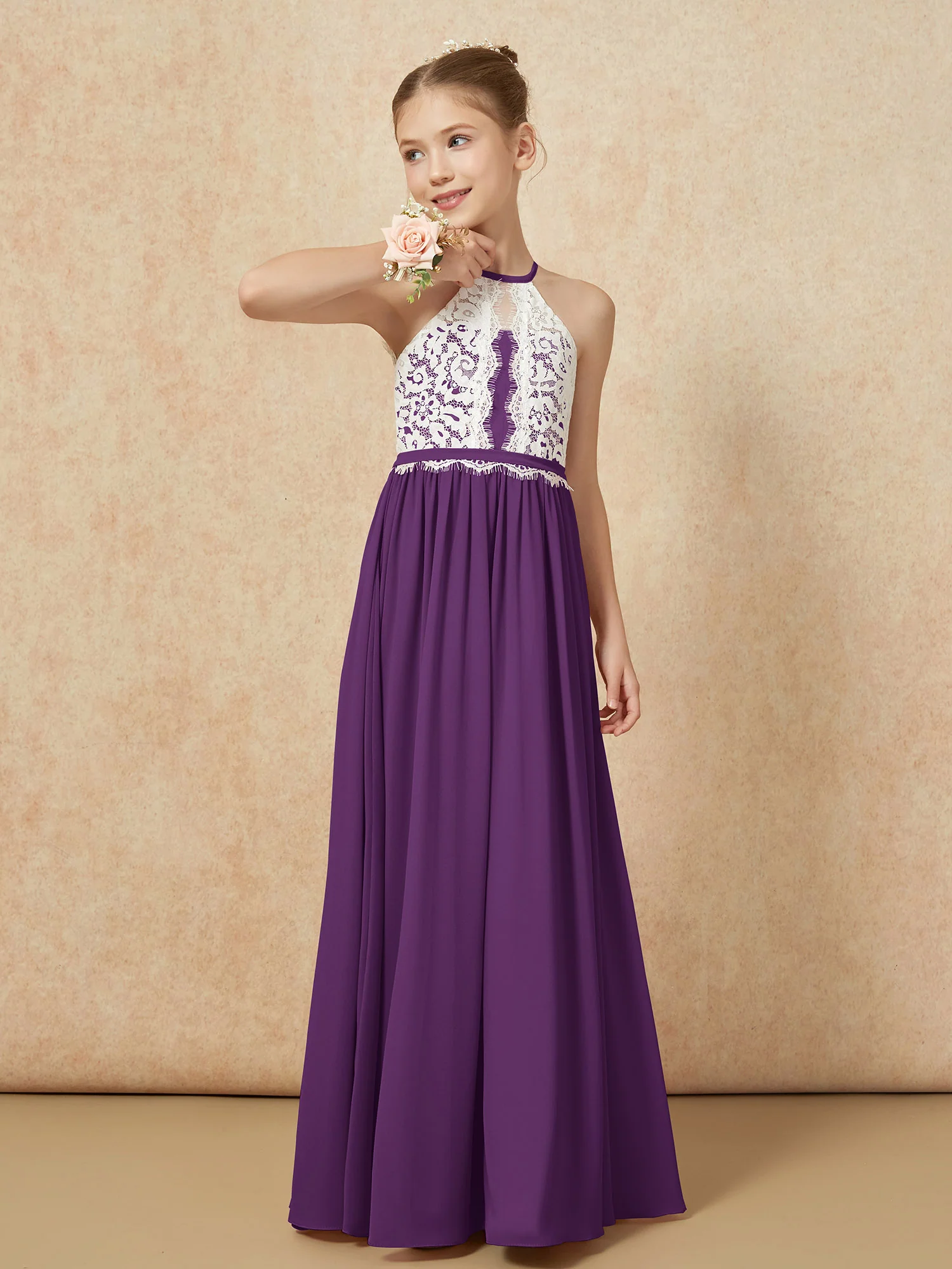 Lace Top Sleeveless Pleated Long Junior Bridesmaid Dress Grape - Image 4