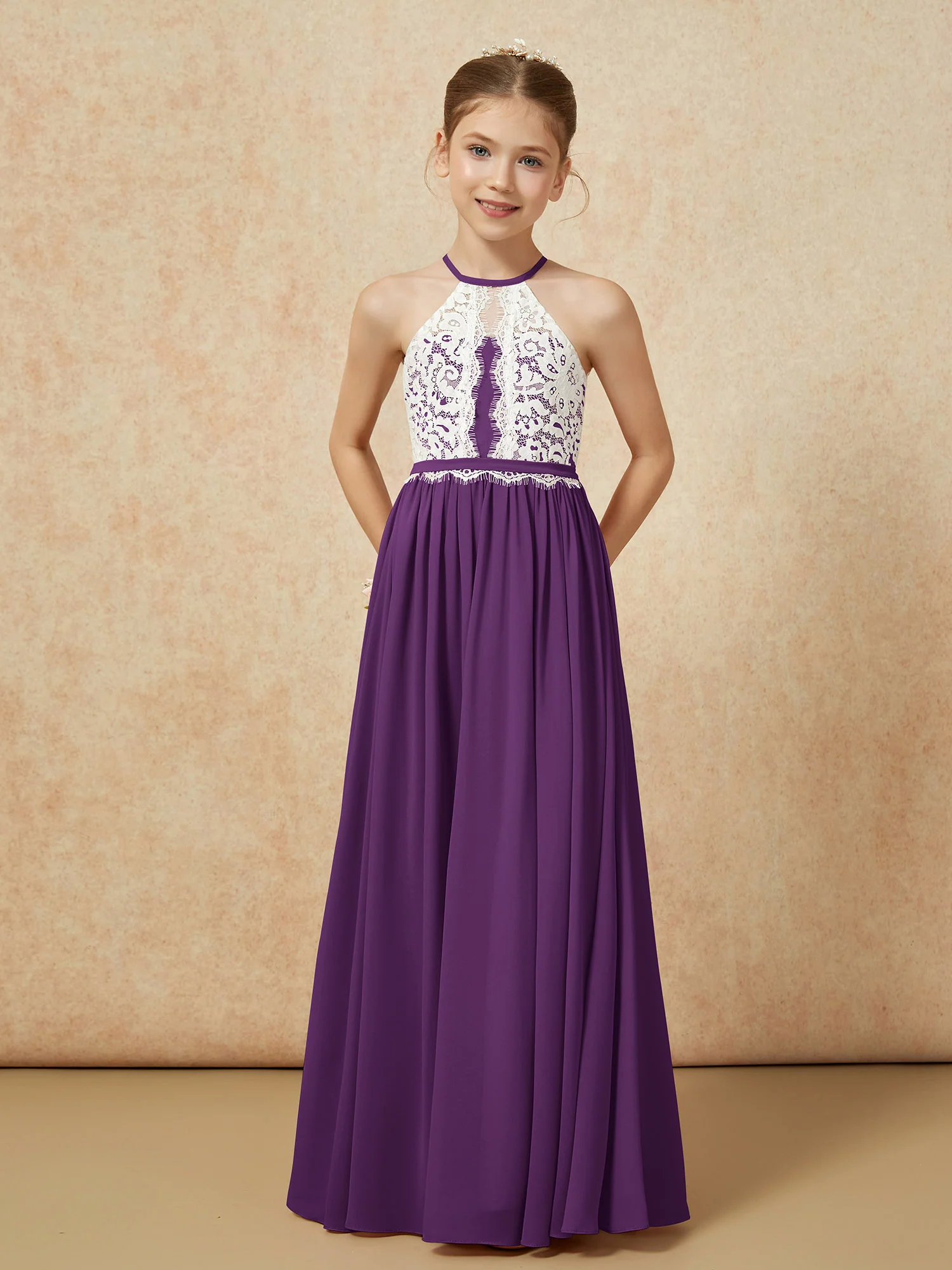 Lace Top Sleeveless Pleated Long Junior Bridesmaid Dress Grape - Image 5
