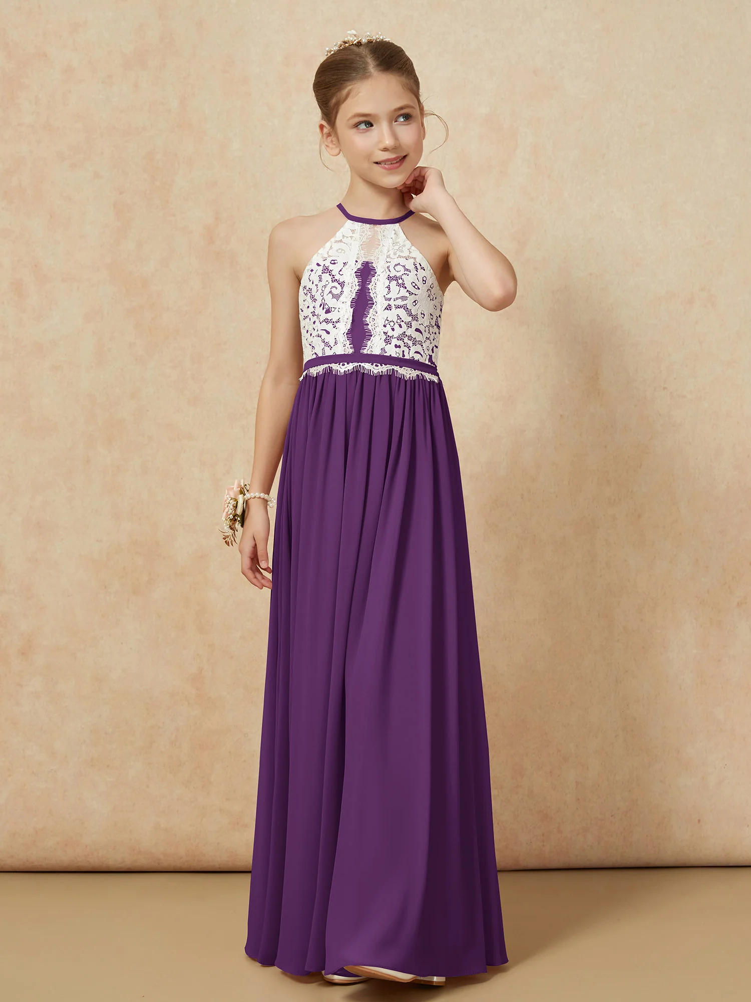 Lace Top Sleeveless Pleated Long Junior Bridesmaid Dress Grape - Image 6