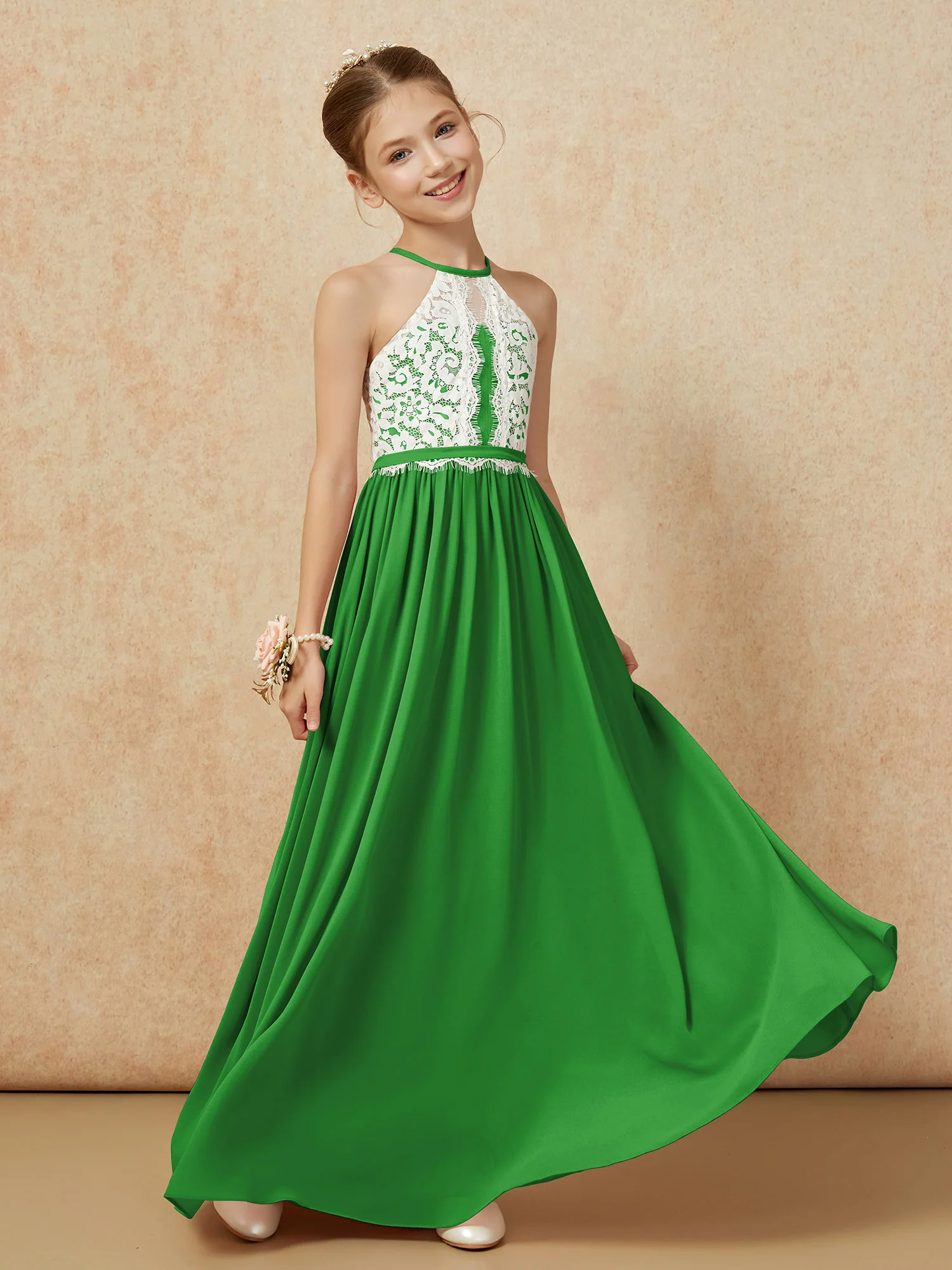 Lace Top Sleeveless Pleated Long Junior Bridesmaid Dress Green - Image 3