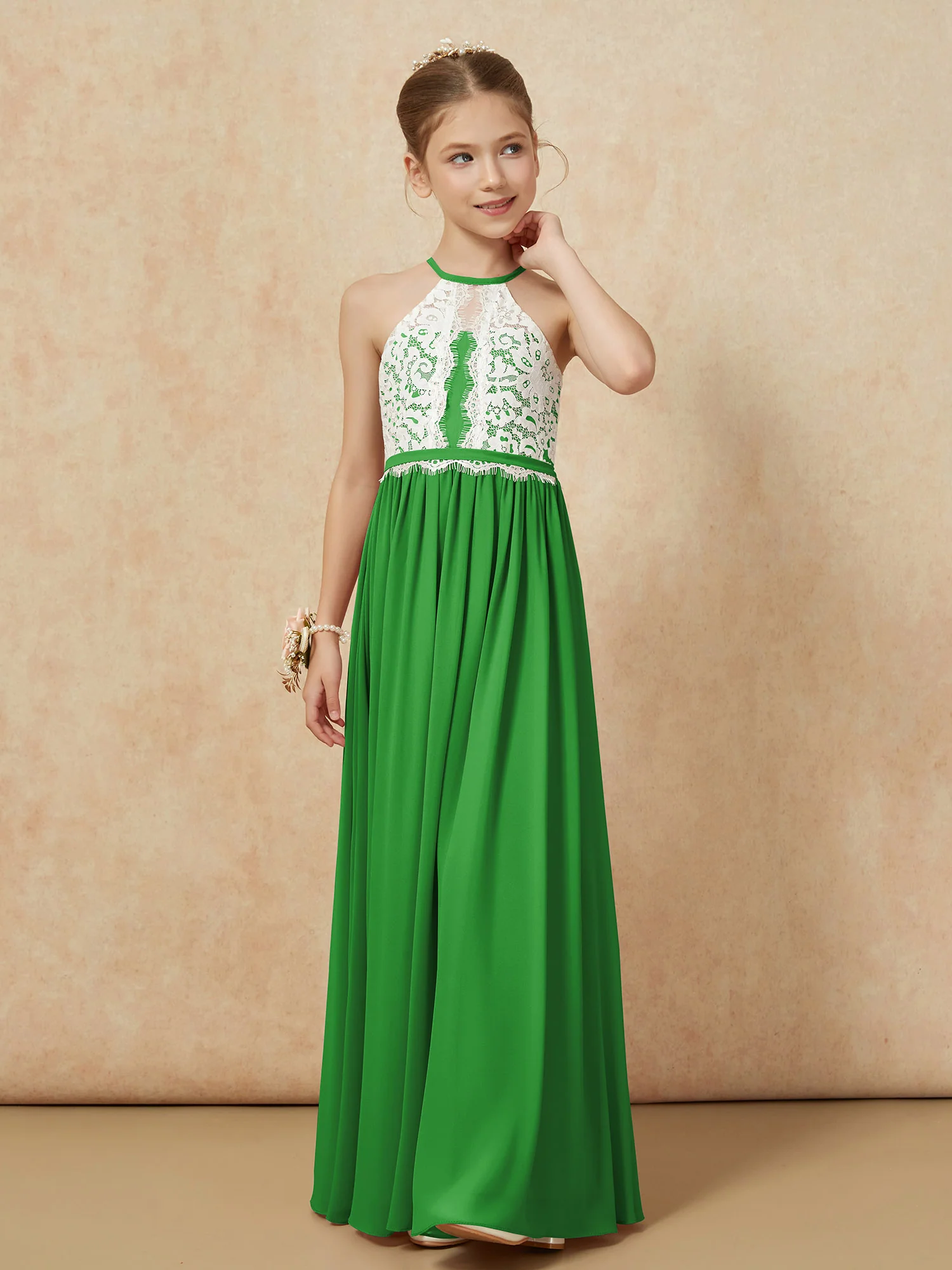 Lace Top Sleeveless Pleated Long Junior Bridesmaid Dress Green - Image 6