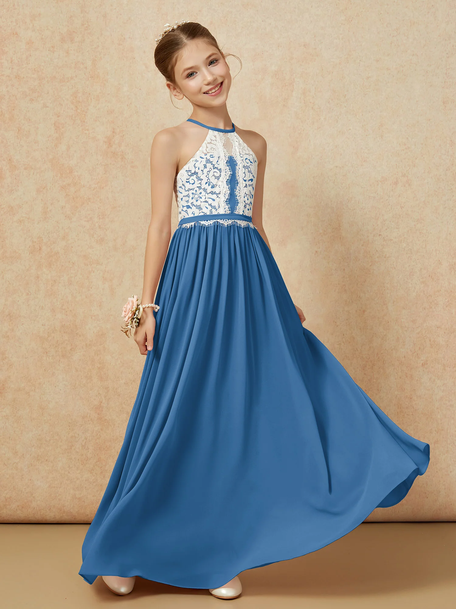 Lace Top Sleeveless Pleated Long Junior Bridesmaid Dress Ink Blue - Image 3