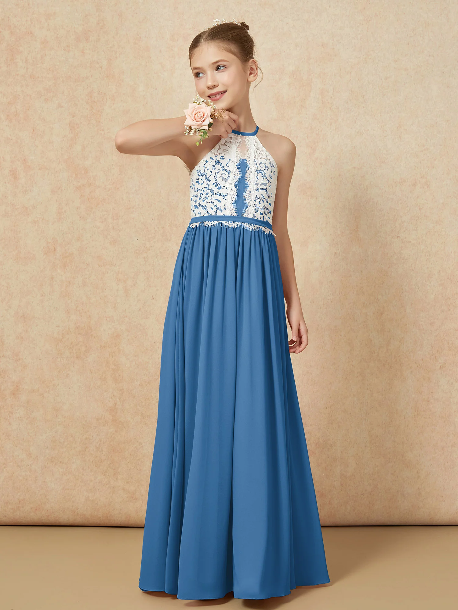 Lace Top Sleeveless Pleated Long Junior Bridesmaid Dress Ink Blue - Image 4