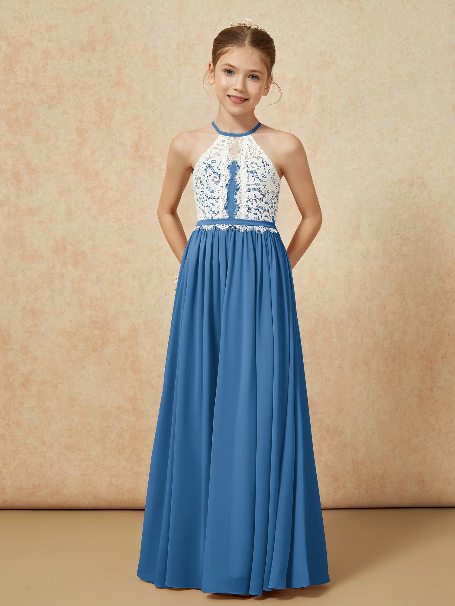 Lace Top Sleeveless Pleated Long Junior Bridesmaid Dress Ink Blue - Image 5