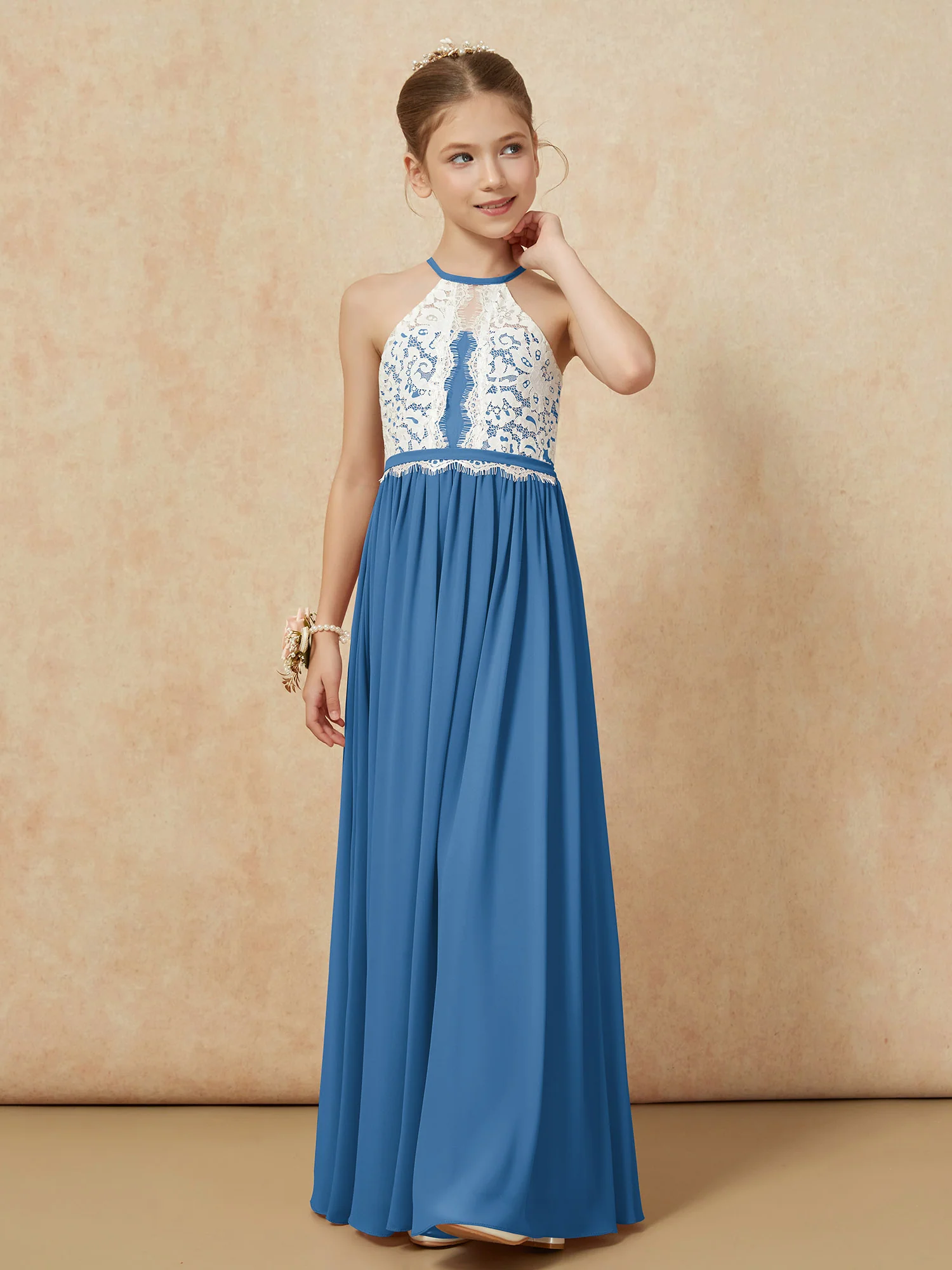 Lace Top Sleeveless Pleated Long Junior Bridesmaid Dress Ink Blue - Image 6