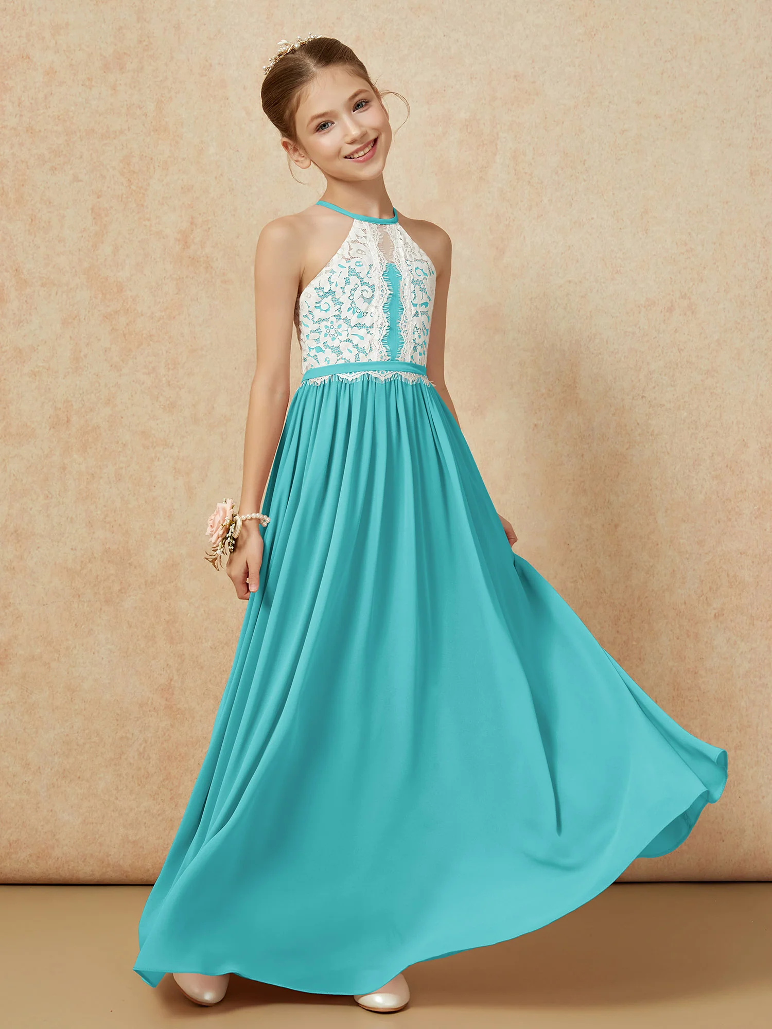 Lace Top Sleeveless Pleated Long Junior Bridesmaid Dress Jade - Image 3