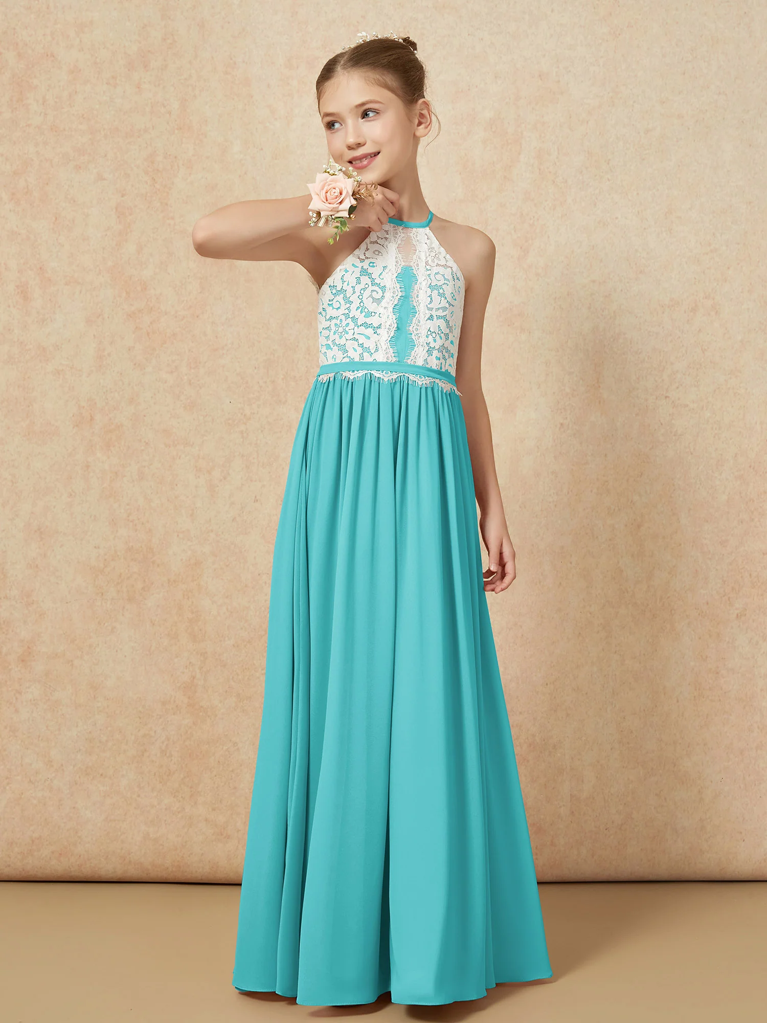 Lace Top Sleeveless Pleated Long Junior Bridesmaid Dress Jade - Image 4