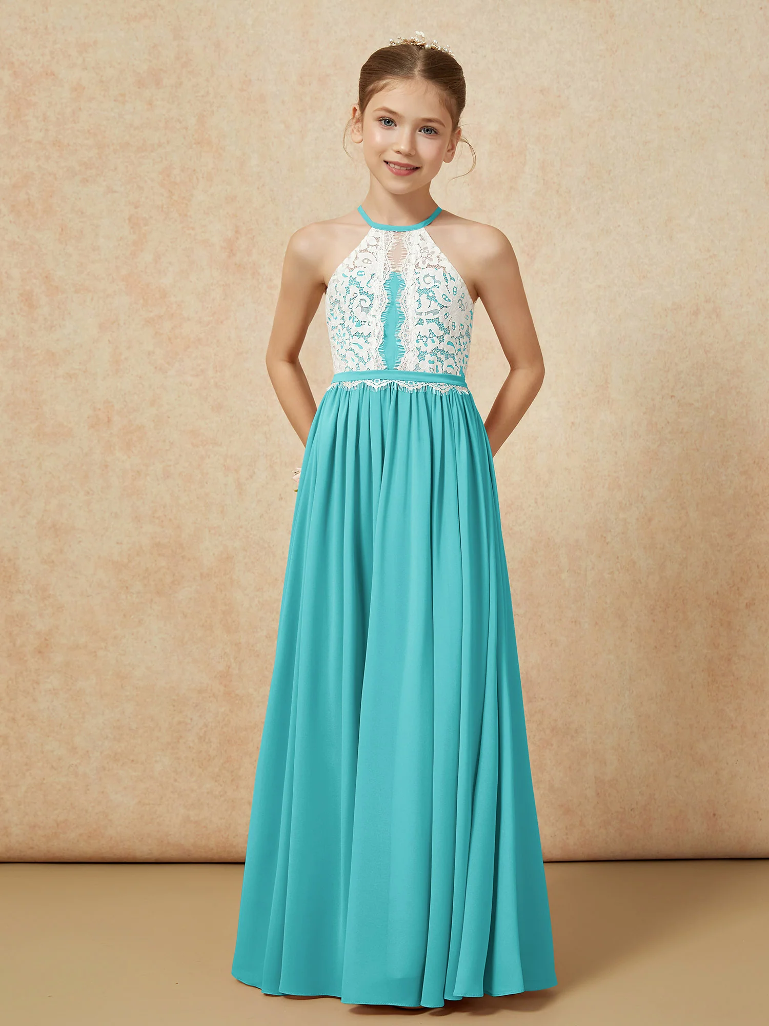 Lace Top Sleeveless Pleated Long Junior Bridesmaid Dress Jade - Image 5