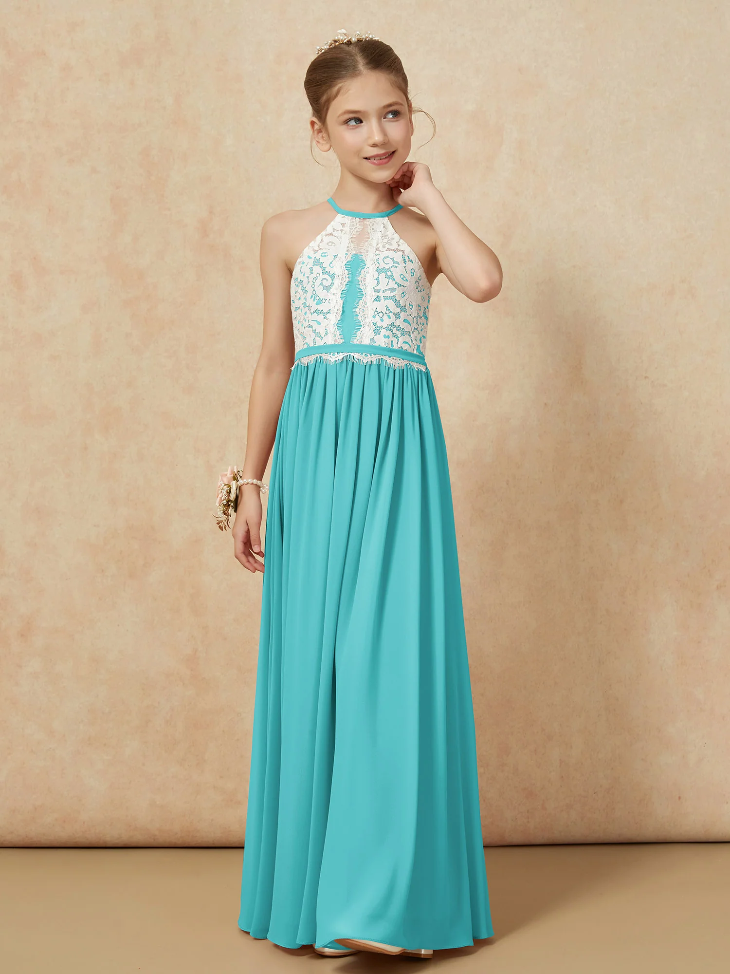 Lace Top Sleeveless Pleated Long Junior Bridesmaid Dress Jade - Image 6