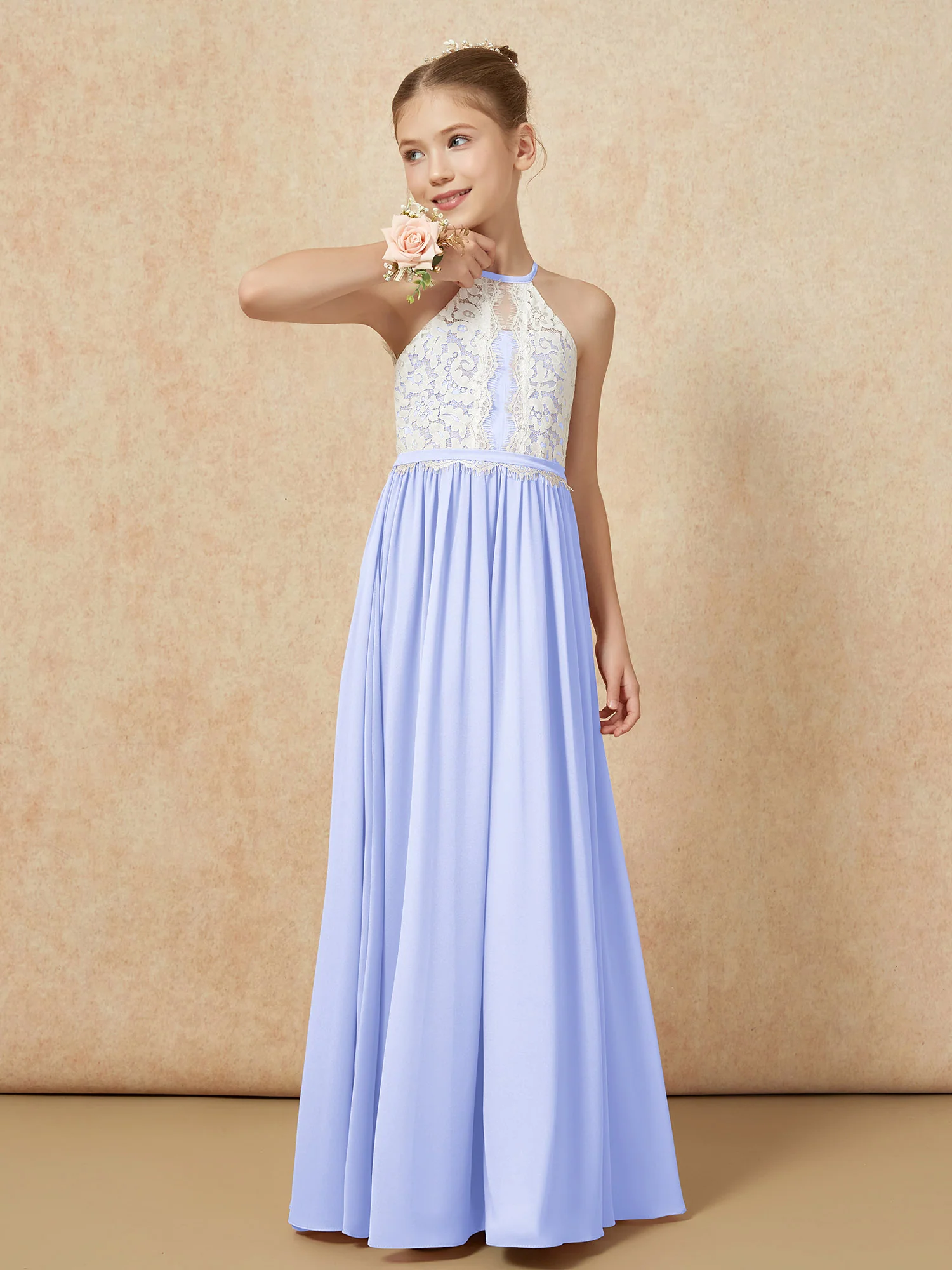 Lace Top Sleeveless Pleated Long Junior Bridesmaid Dress Lavender - Image 4