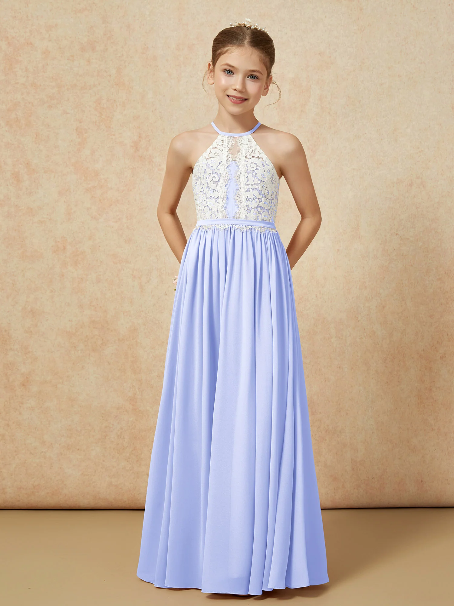 Lace Top Sleeveless Pleated Long Junior Bridesmaid Dress Lavender - Image 5