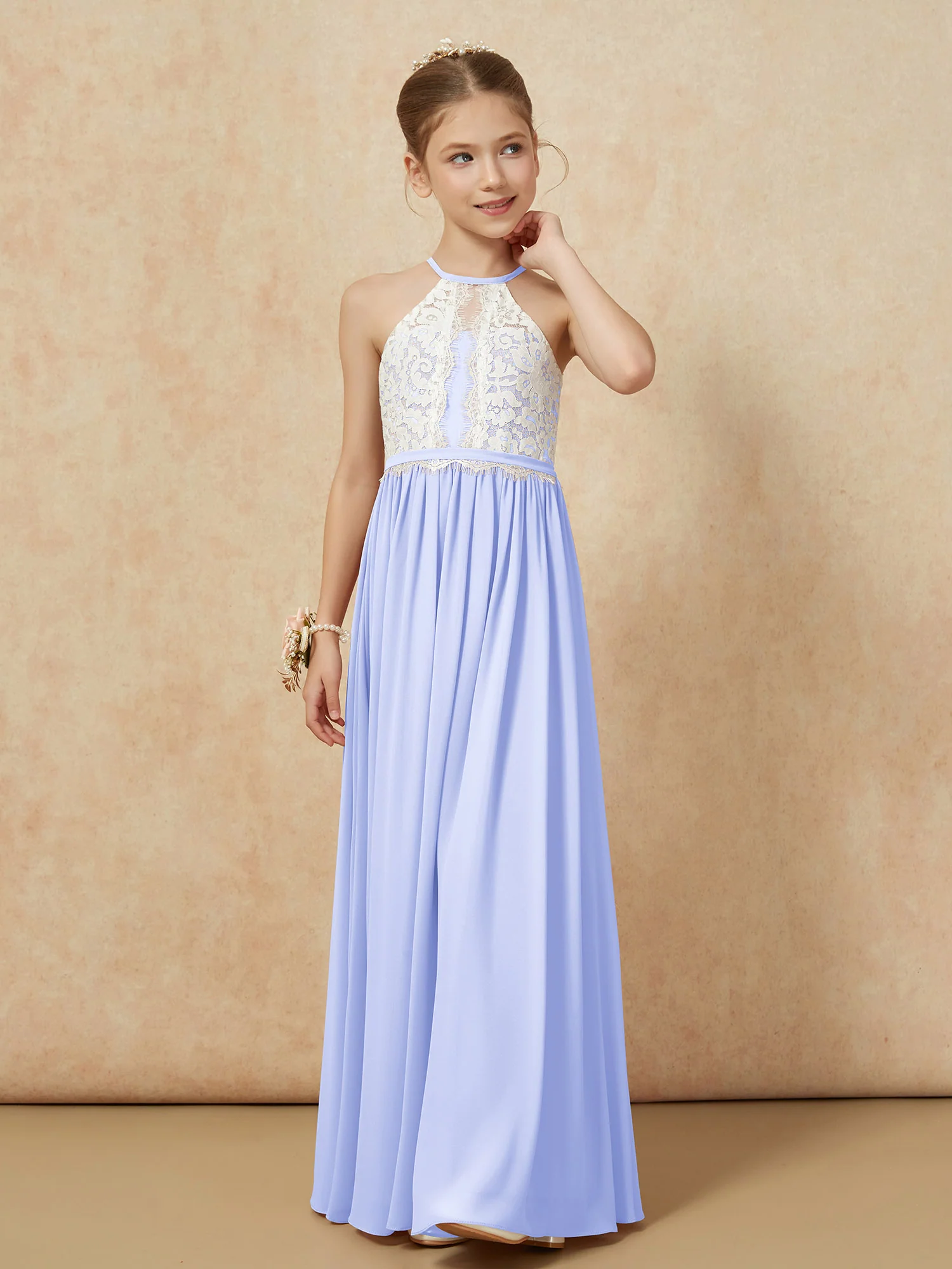 Lace Top Sleeveless Pleated Long Junior Bridesmaid Dress Lavender - Image 6