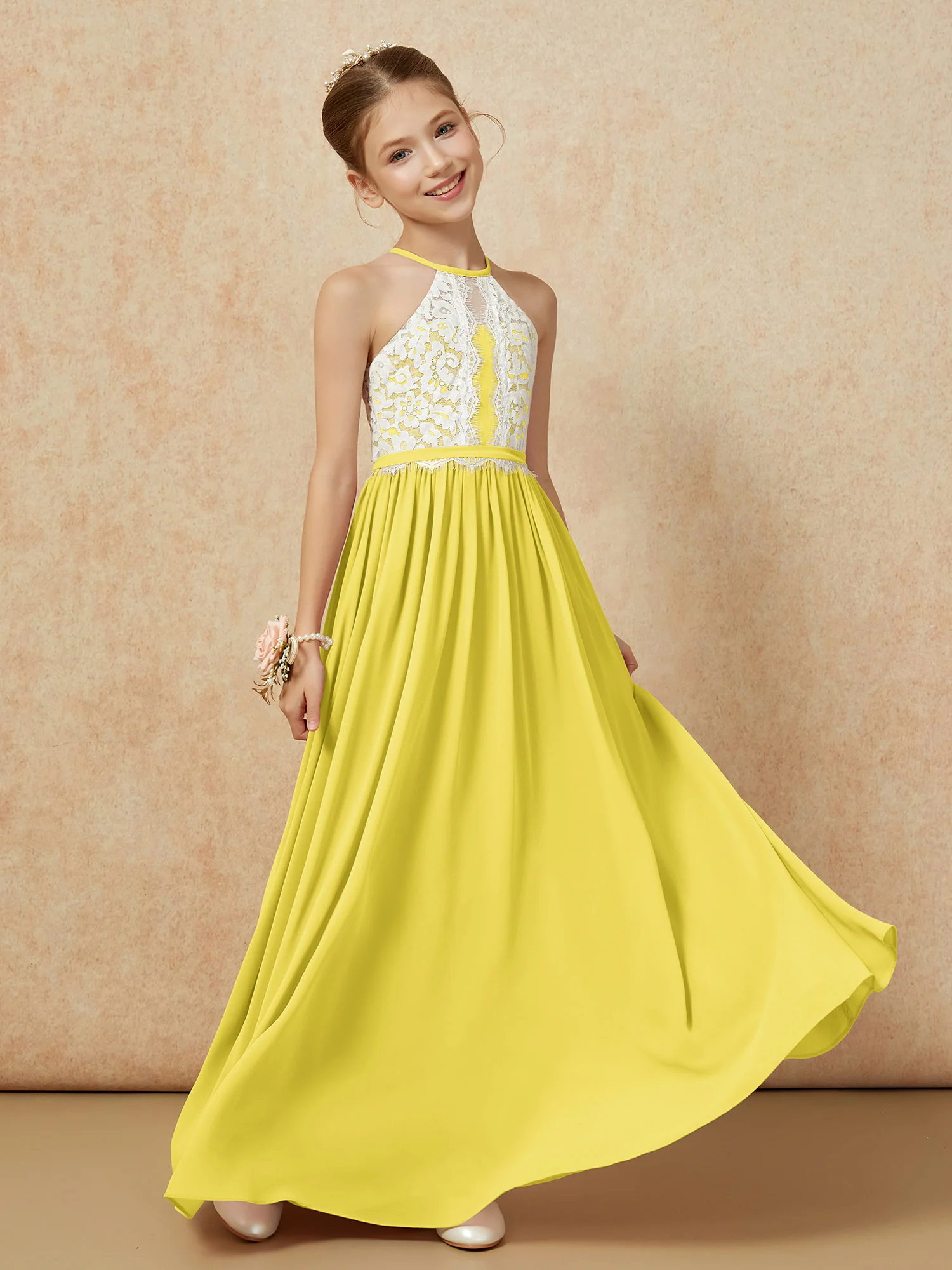 Lace Top Sleeveless Pleated Long Junior Bridesmaid Dress Lemon - Image 3