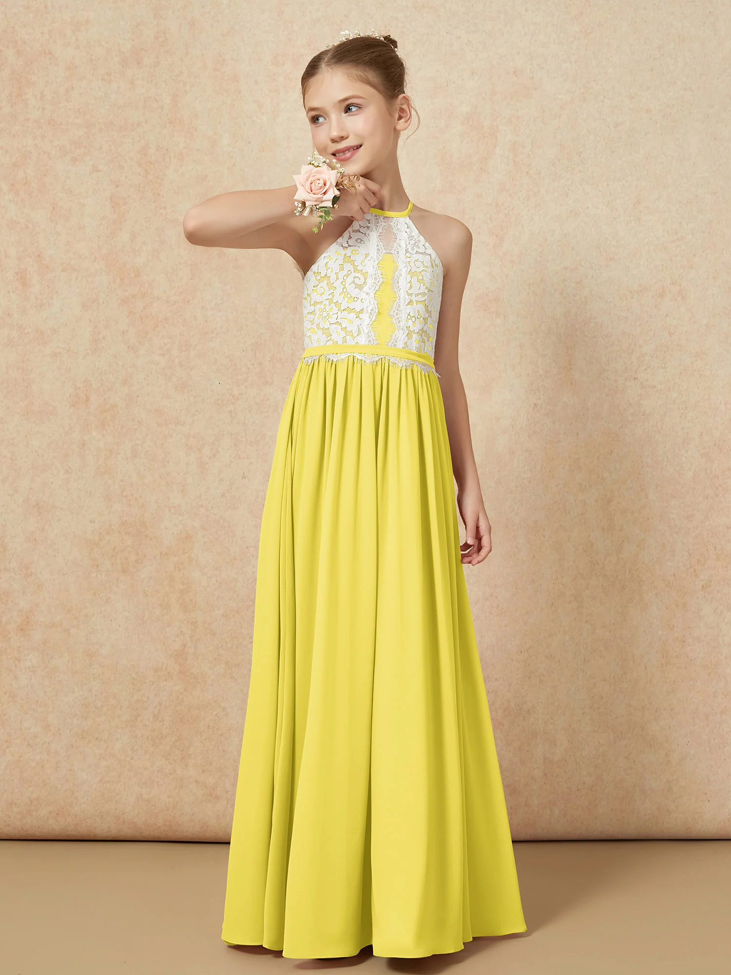 Lace Top Sleeveless Pleated Long Junior Bridesmaid Dress Lemon - Image 4