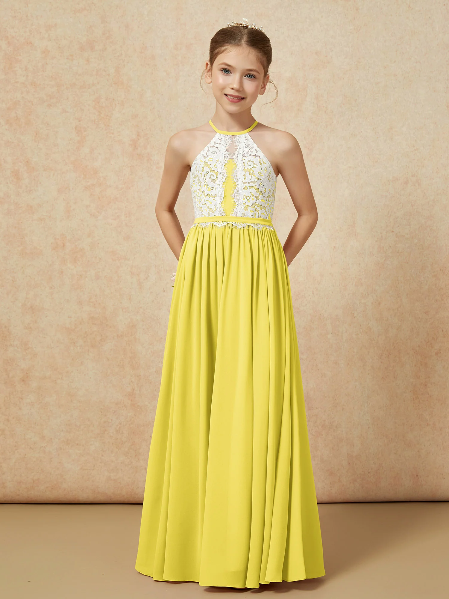 Lace Top Sleeveless Pleated Long Junior Bridesmaid Dress Lemon - Image 5