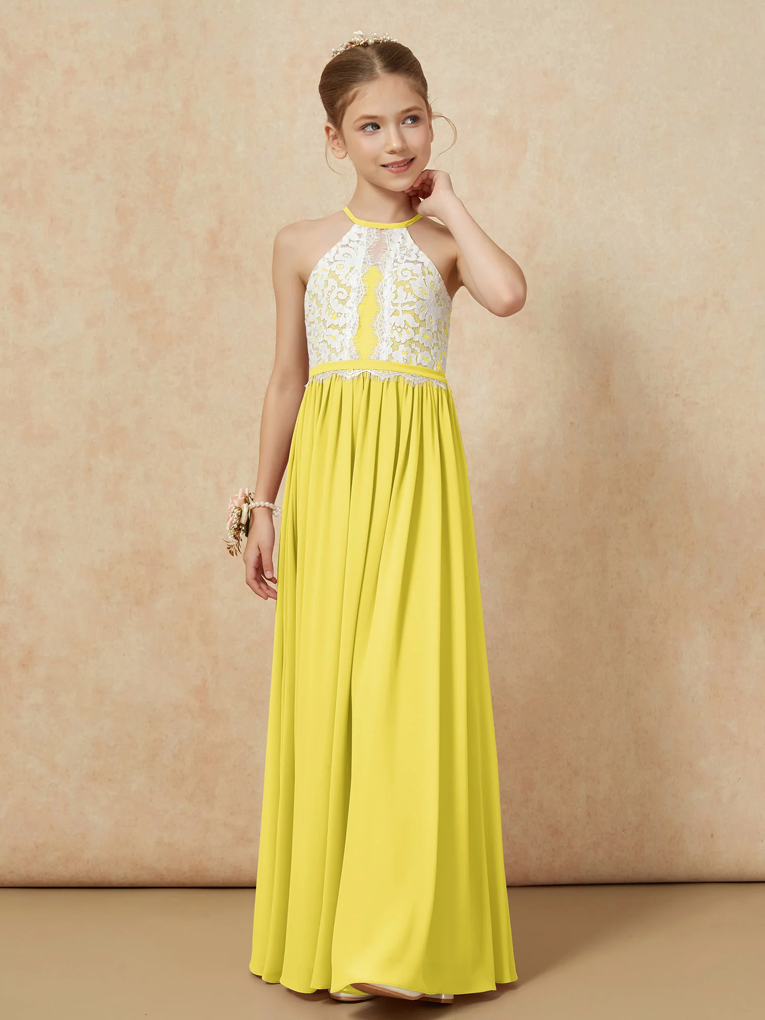 Lace Top Sleeveless Pleated Long Junior Bridesmaid Dress Lemon - Image 6