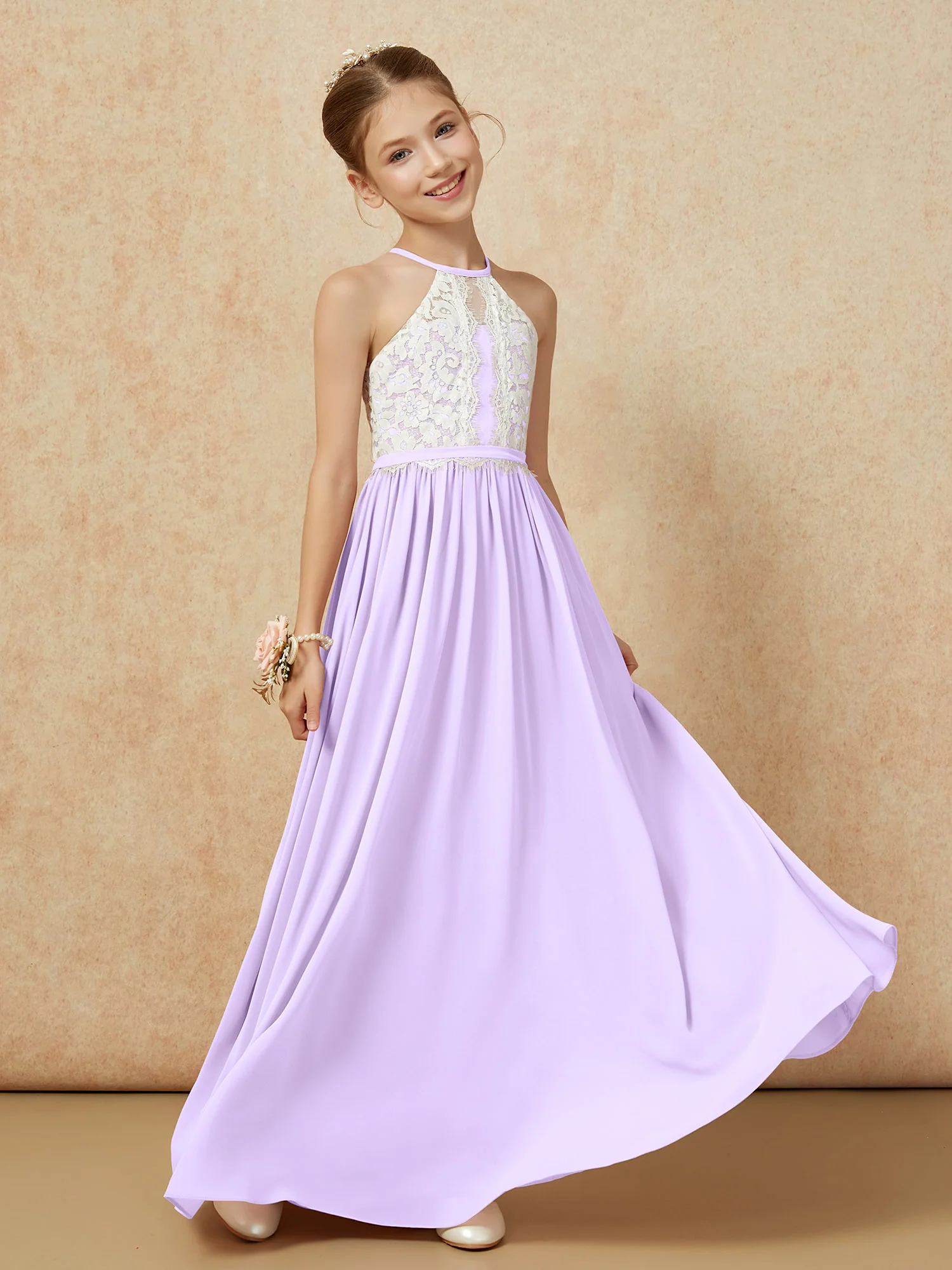 Lace Top Sleeveless Pleated Long Junior Bridesmaid Dress Lilac - Image 3