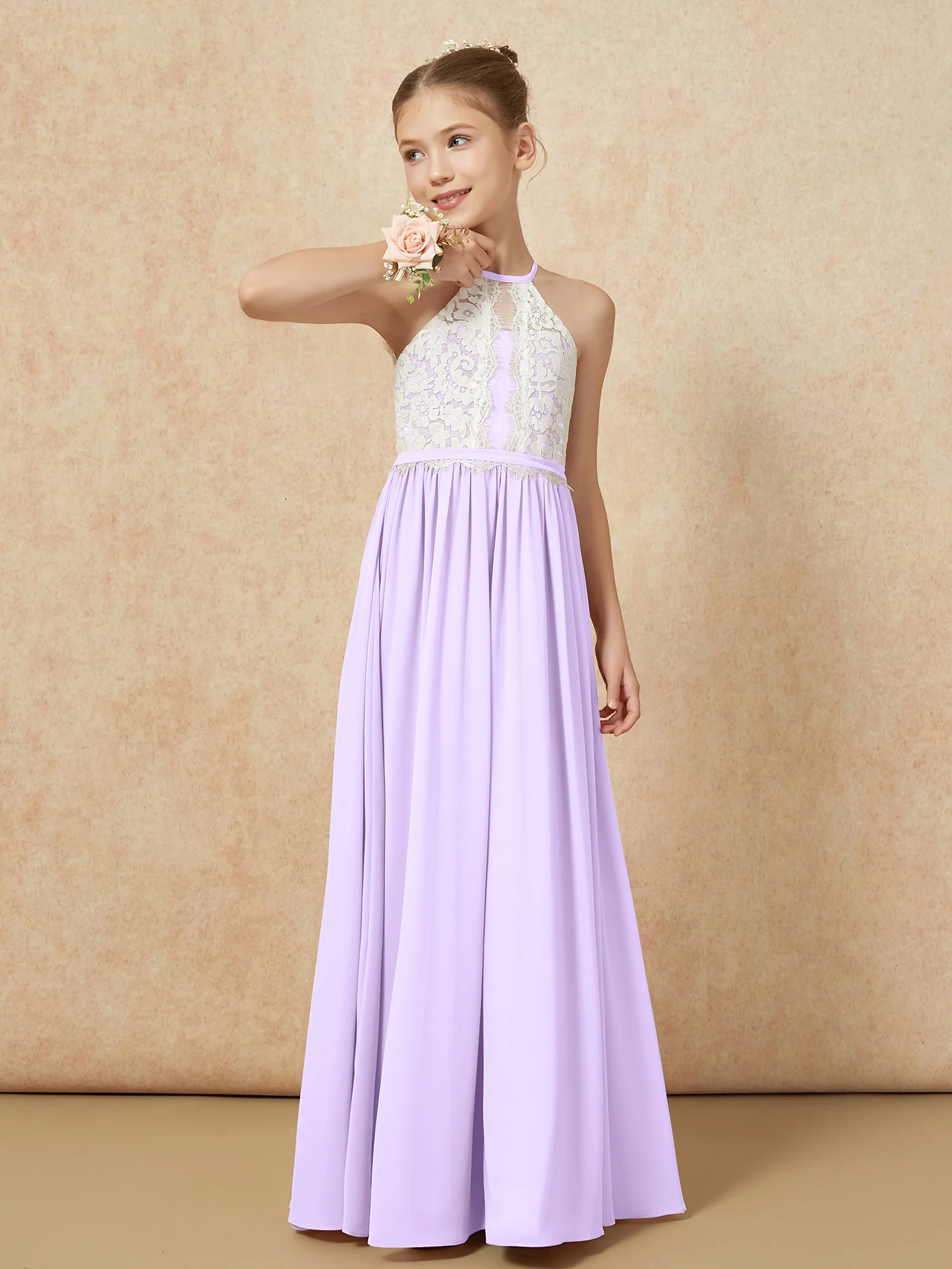 Lace Top Sleeveless Pleated Long Junior Bridesmaid Dress Lilac - Image 4