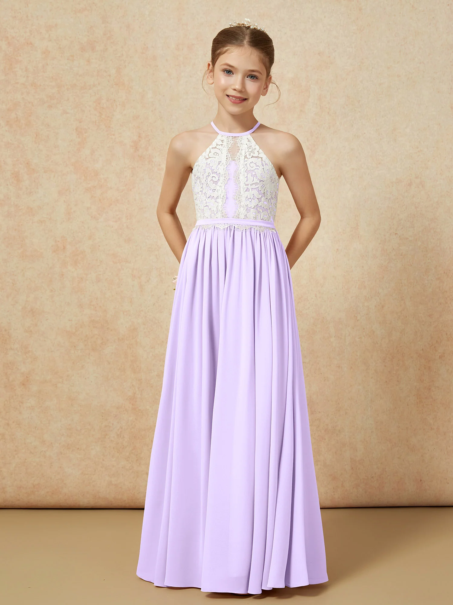 Lace Top Sleeveless Pleated Long Junior Bridesmaid Dress Lilac - Image 5