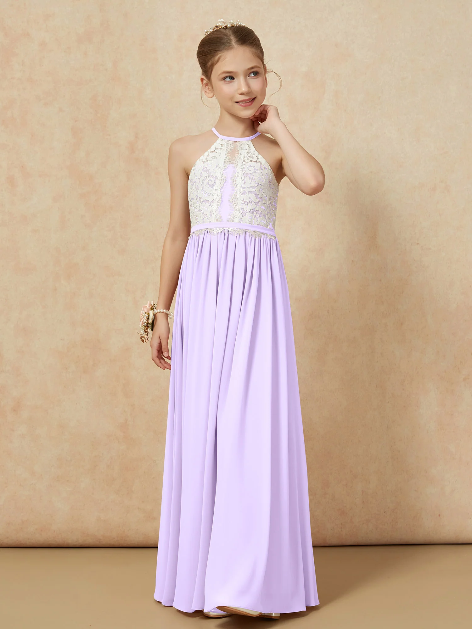 Lace Top Sleeveless Pleated Long Junior Bridesmaid Dress Lilac - Image 6