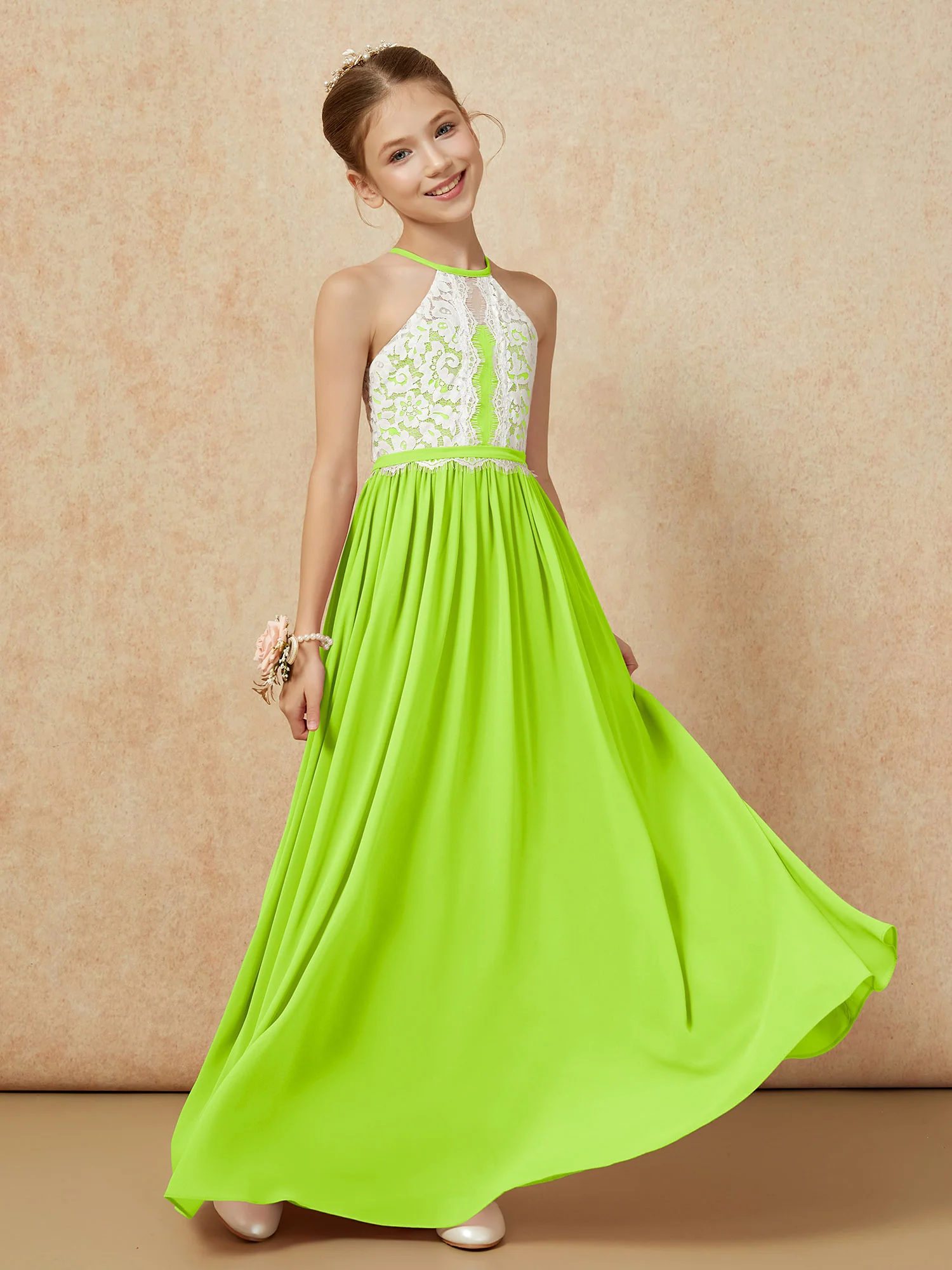 Lace Top Sleeveless Pleated Long Junior Bridesmaid Dress Lime Green - Image 3