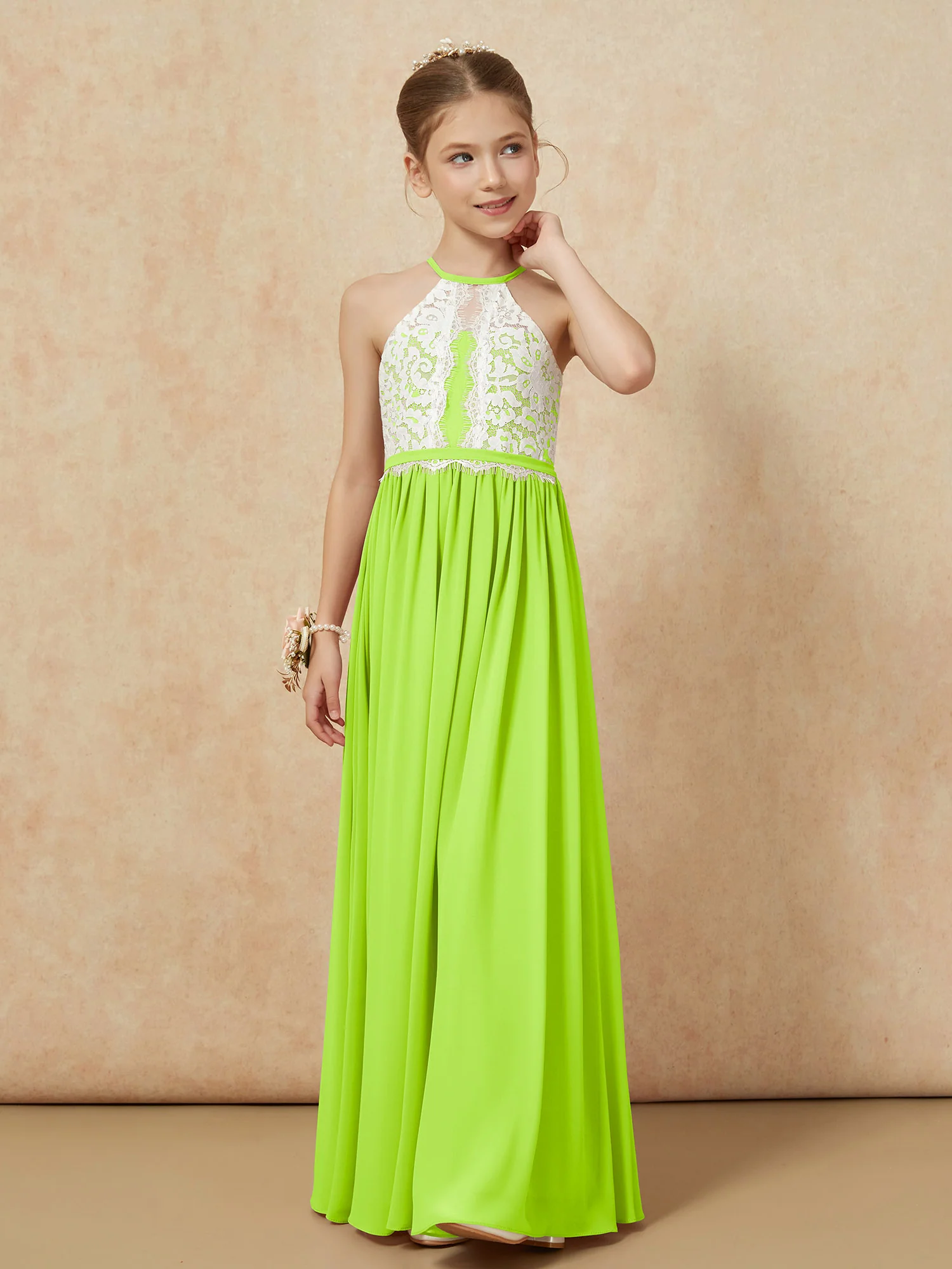 Lace Top Sleeveless Pleated Long Junior Bridesmaid Dress Lime Green - Image 6