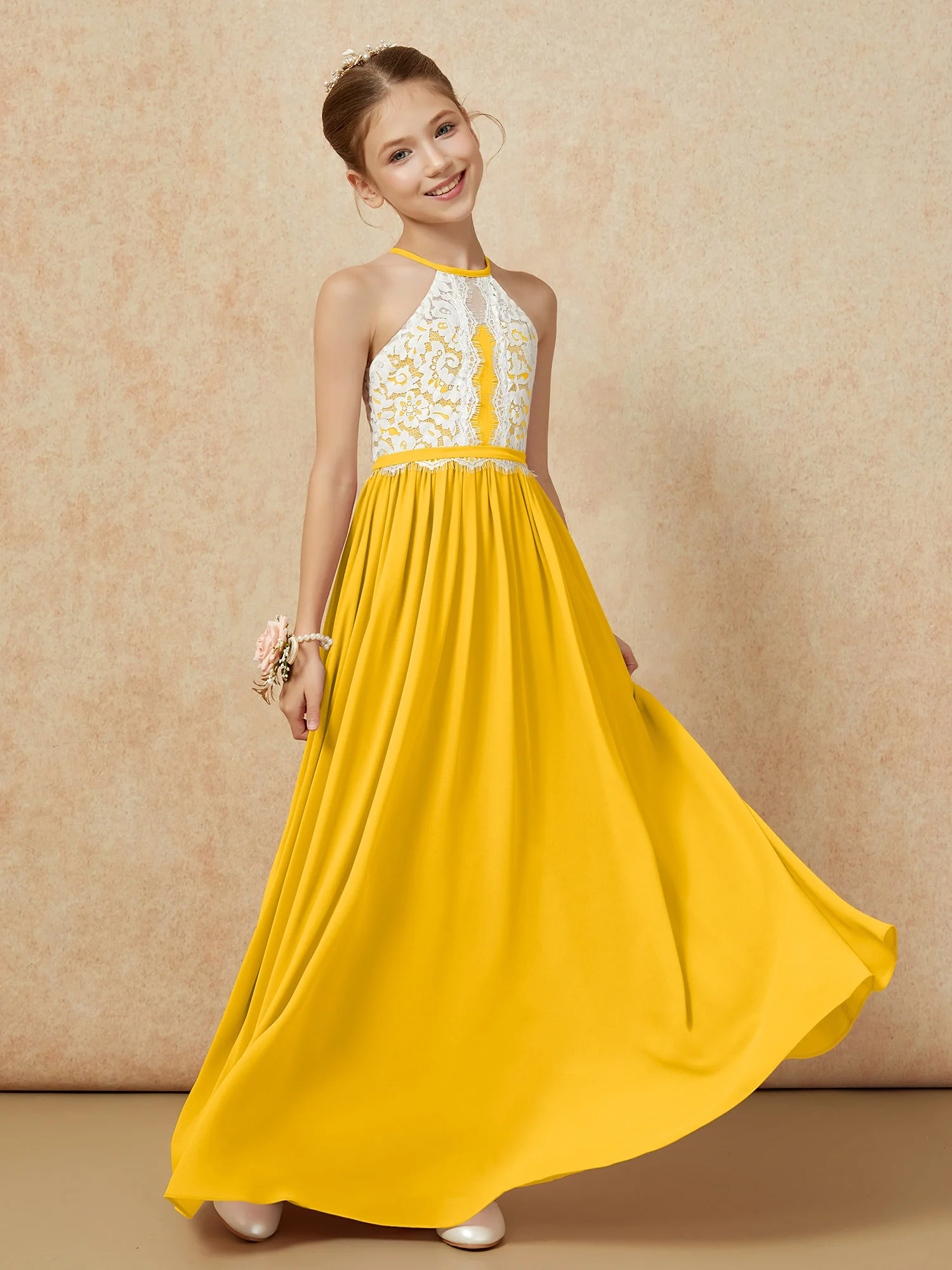 Lace Top Sleeveless Pleated Long Junior Bridesmaid Dress Marigold - Image 3