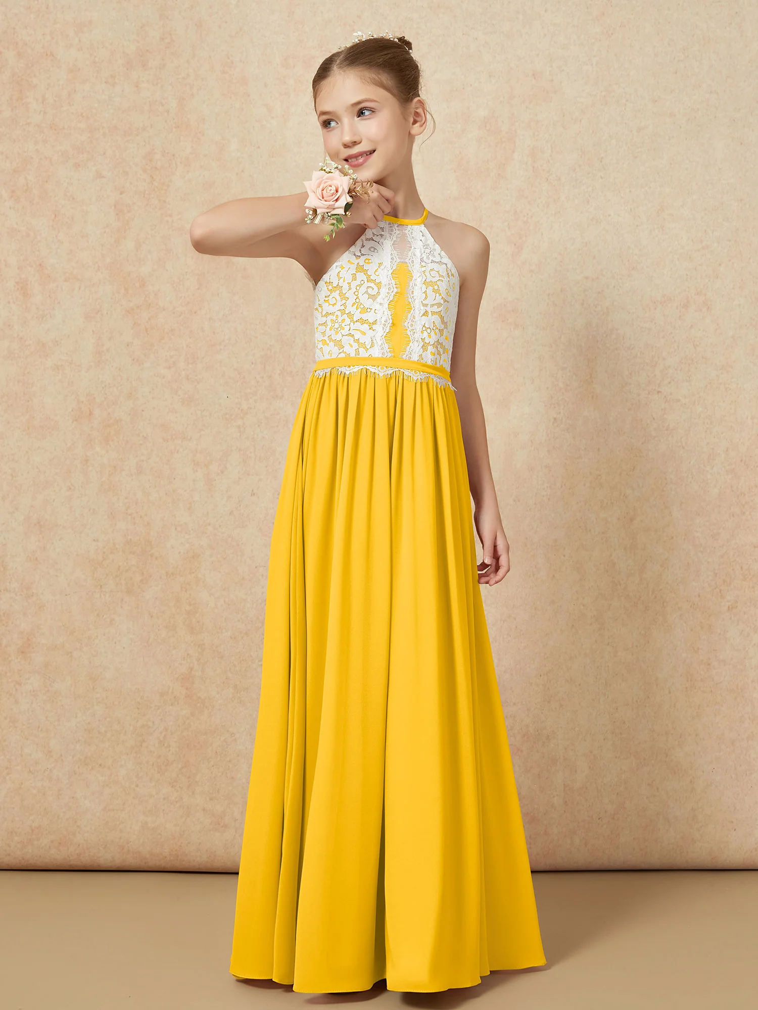 Lace Top Sleeveless Pleated Long Junior Bridesmaid Dress Marigold - Image 4