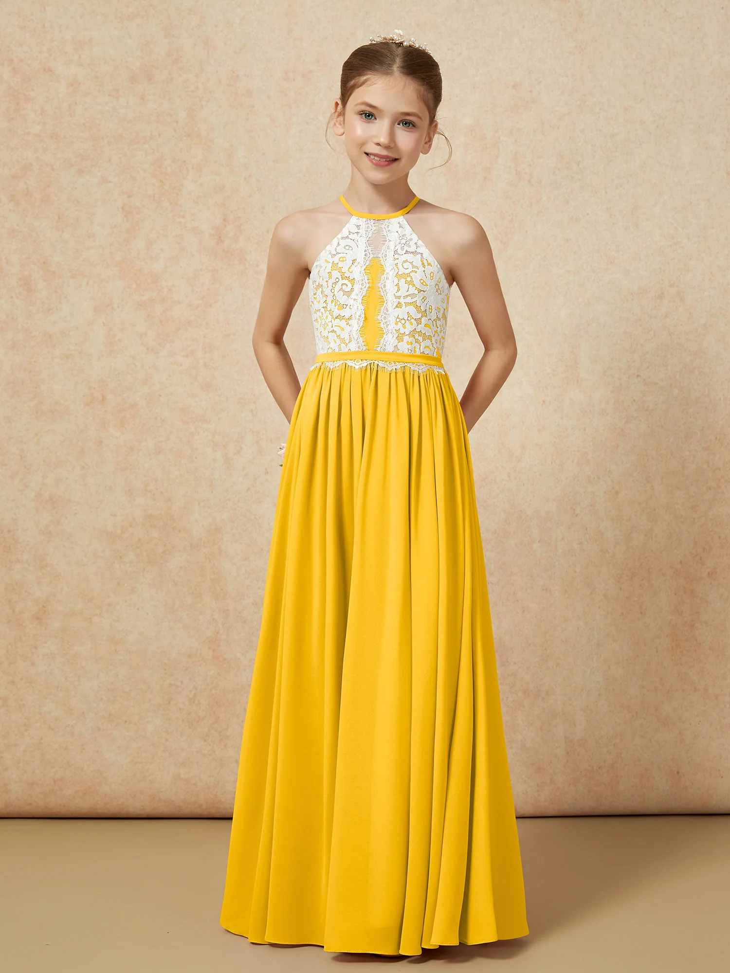 Lace Top Sleeveless Pleated Long Junior Bridesmaid Dress Marigold - Image 5