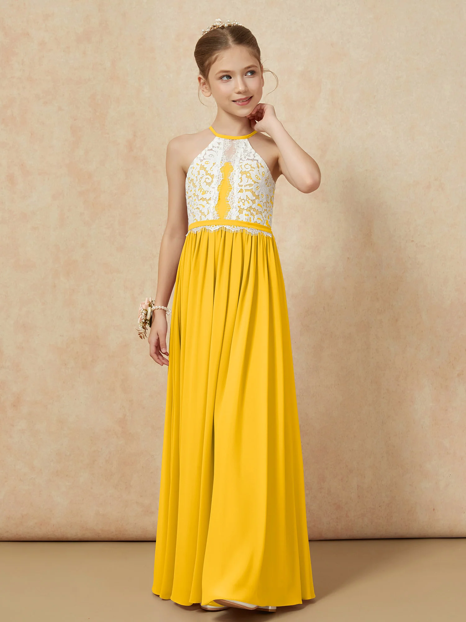 Lace Top Sleeveless Pleated Long Junior Bridesmaid Dress Marigold - Image 6