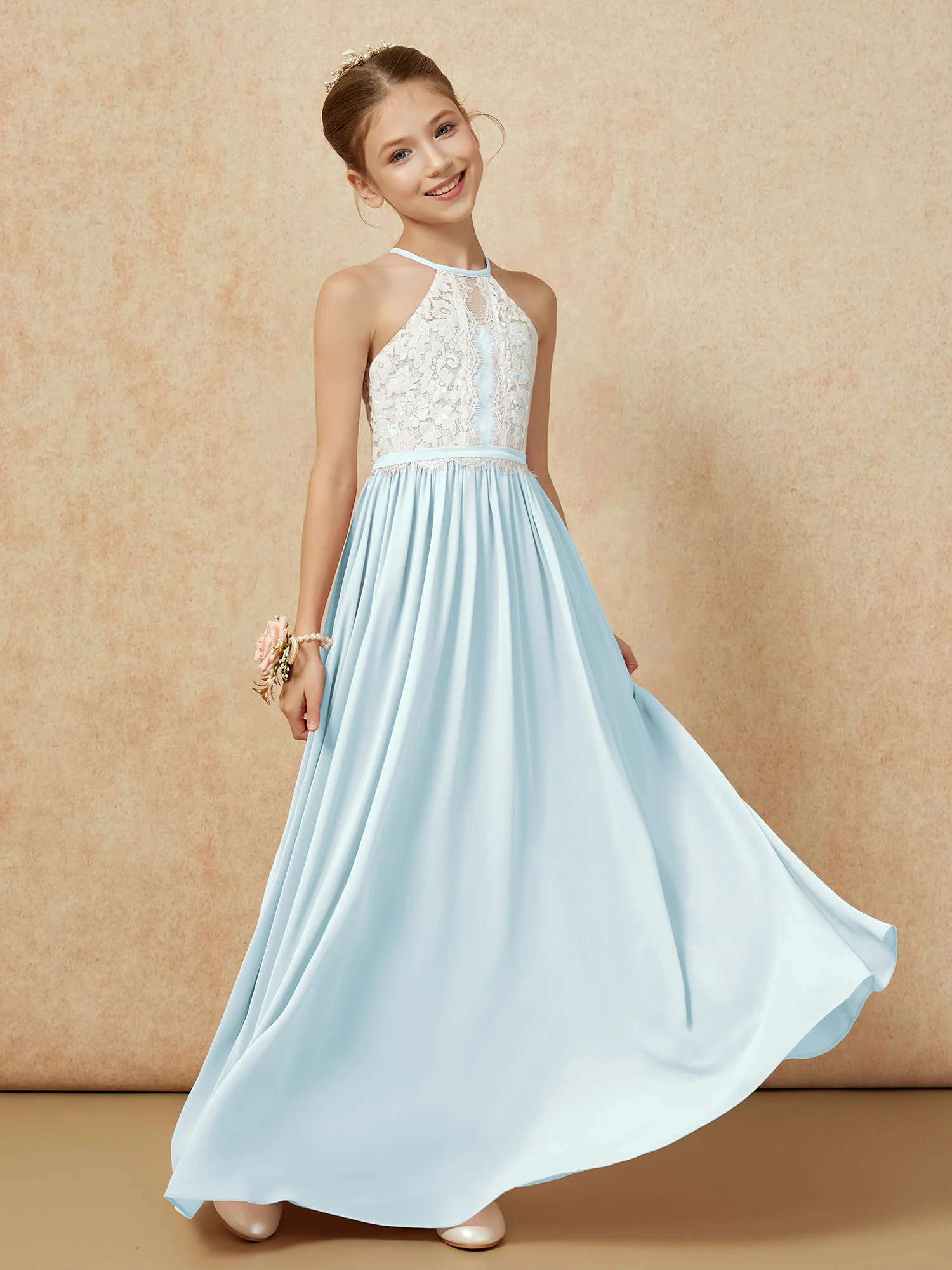Lace Top Sleeveless Pleated Long Junior Bridesmaid Dress Mist - Image 3