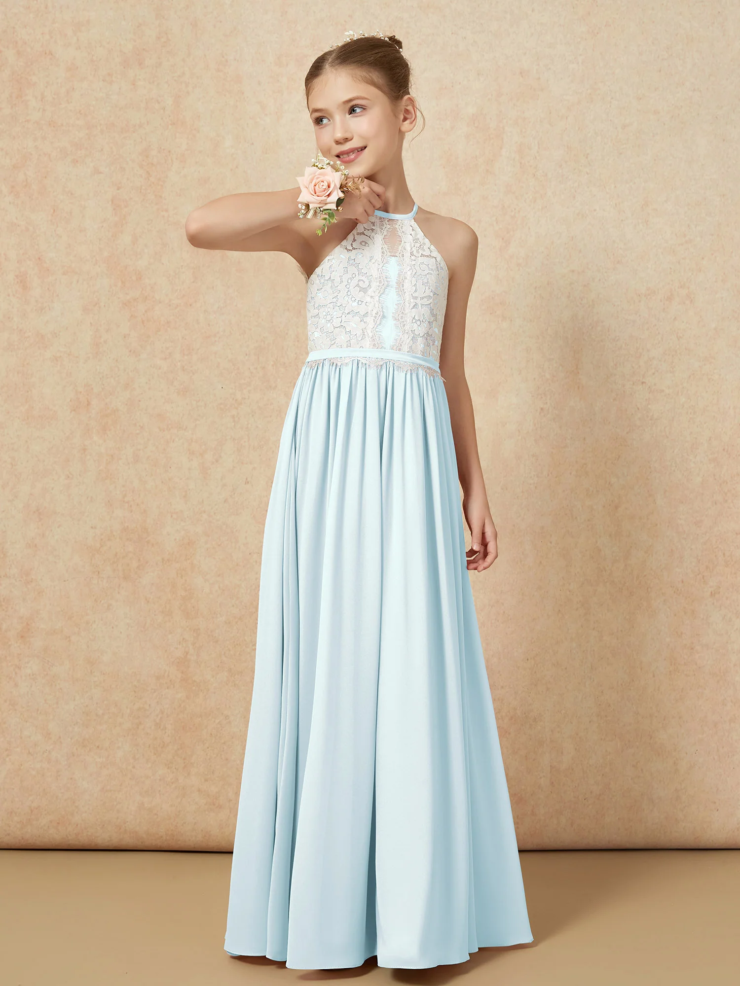Lace Top Sleeveless Pleated Long Junior Bridesmaid Dress Mist - Image 4