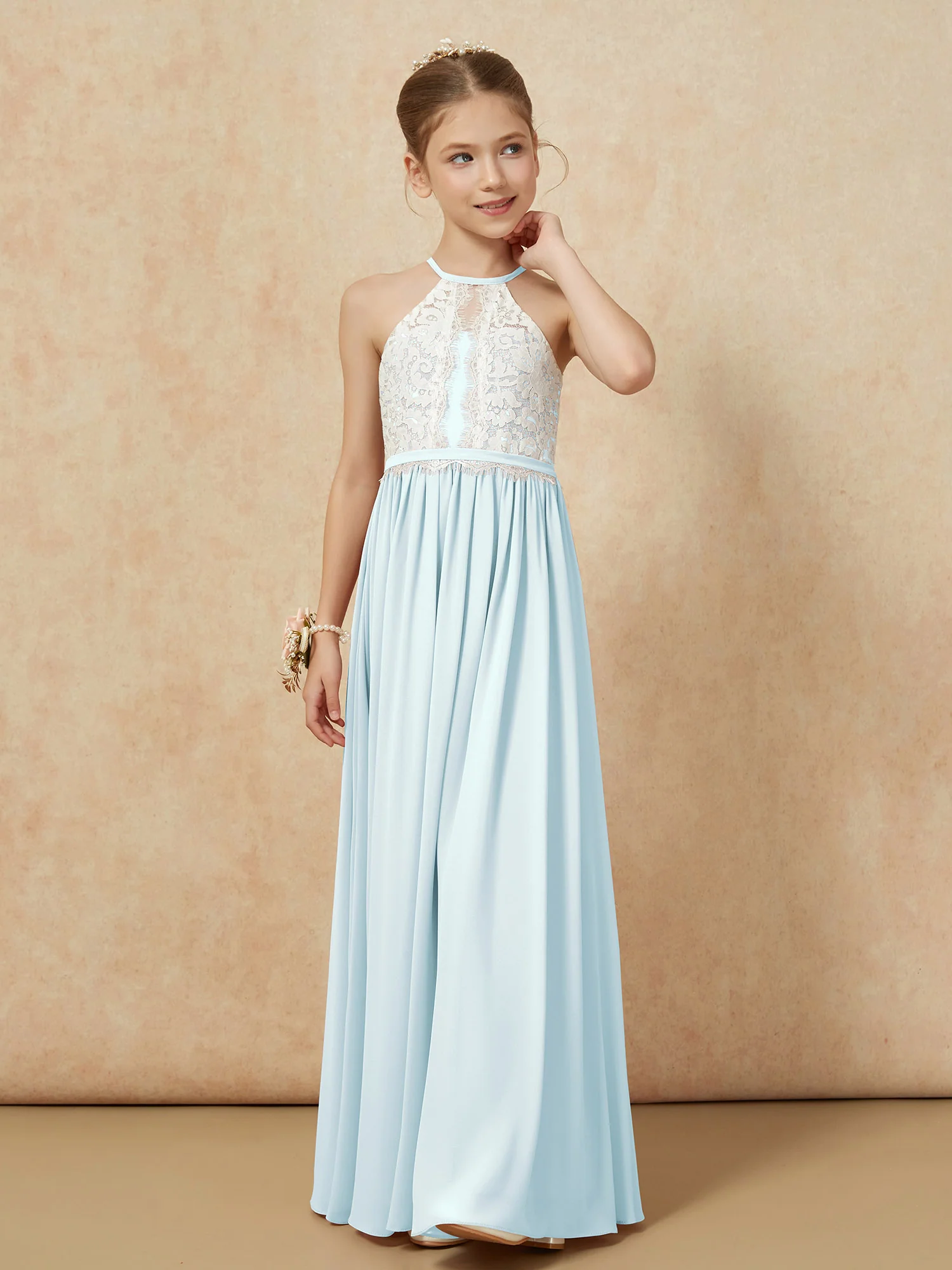 Lace Top Sleeveless Pleated Long Junior Bridesmaid Dress Mist - Image 6