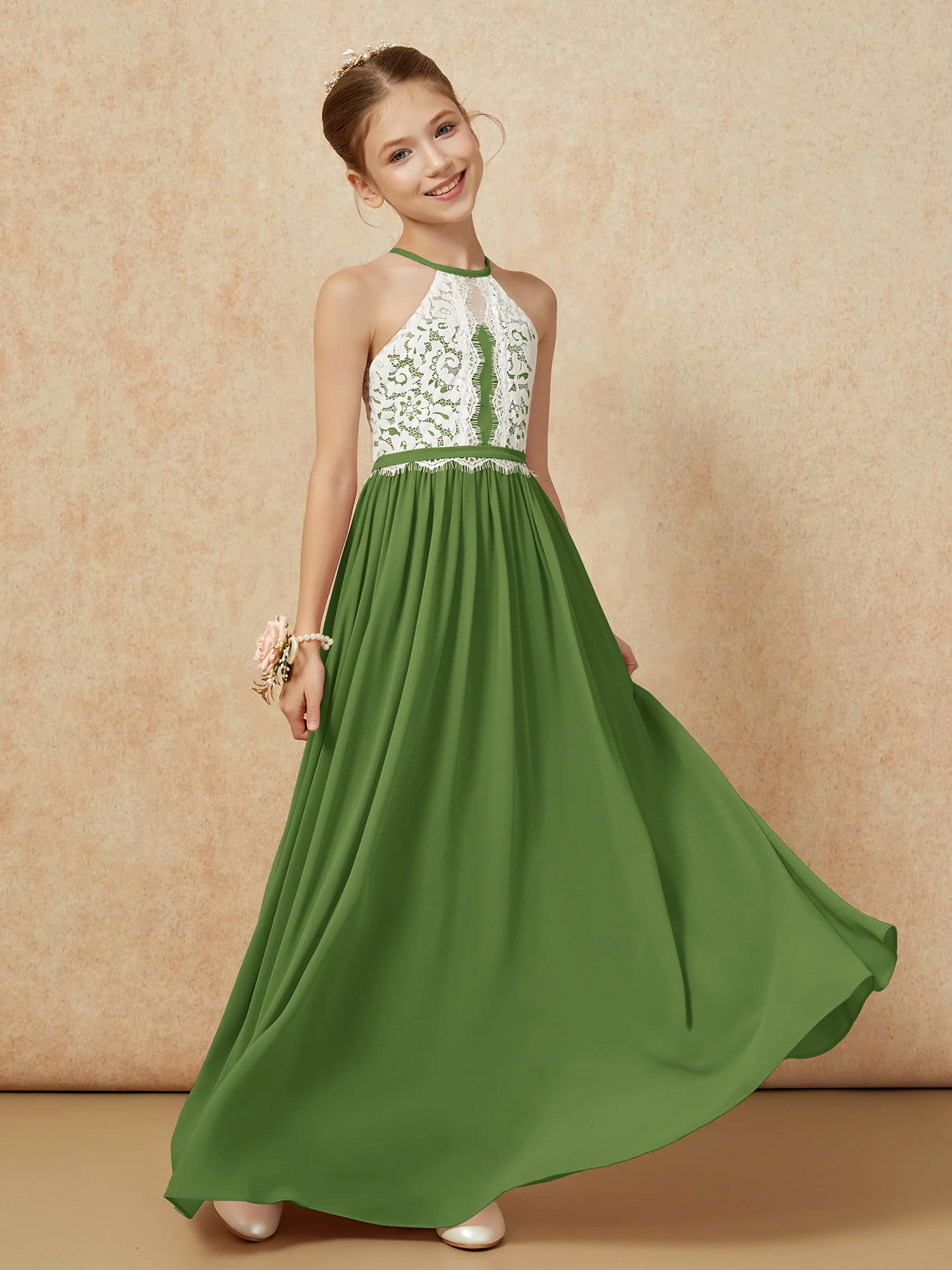Lace Top Sleeveless Pleated Long Junior Bridesmaid Dress Moss - Image 3