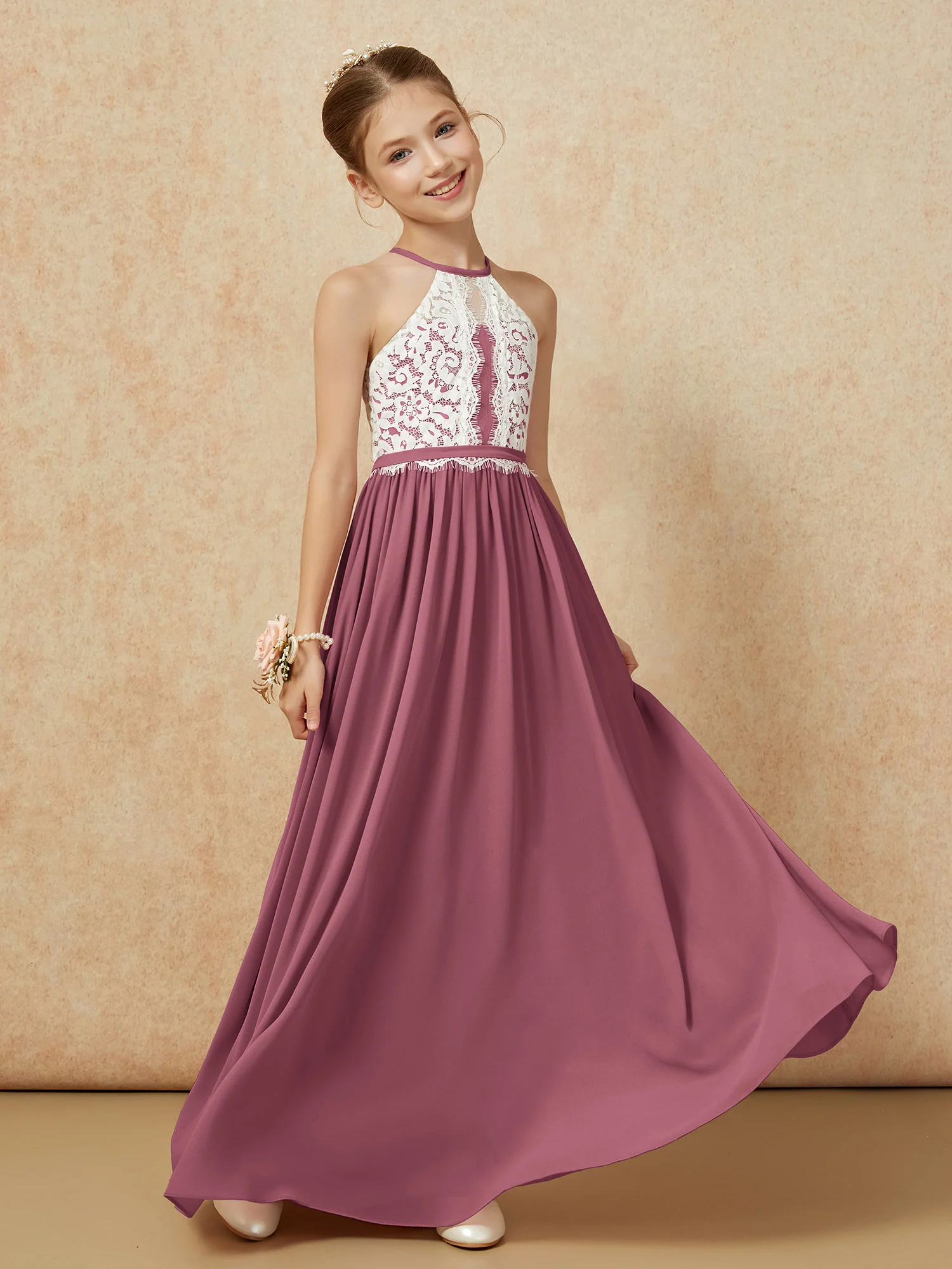 Lace Top Sleeveless Pleated Long Junior Bridesmaid Dress Mulberry - Image 3